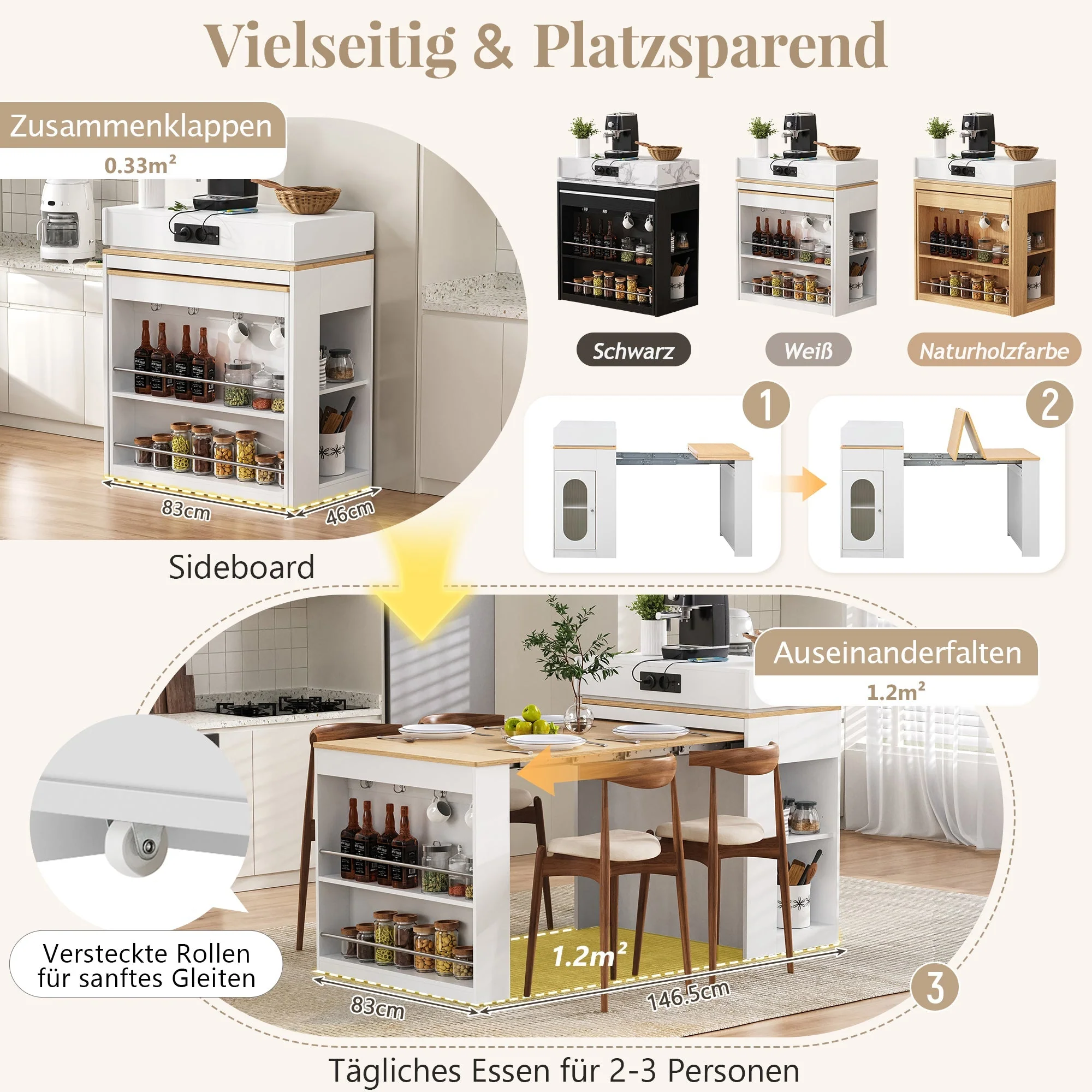 Kitchen Island with Wheels, Extendable Folding Tabletop, Power Strips & Hooks - White - Image 6