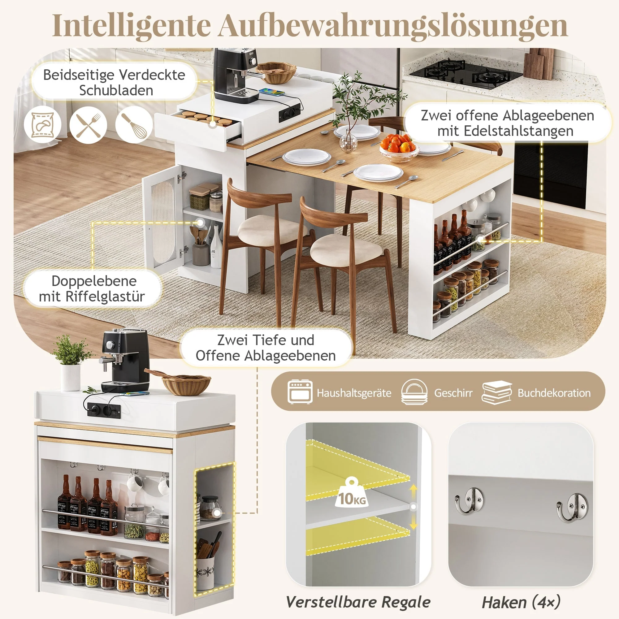 Kitchen Island with Wheels, Extendable Folding Tabletop, Power Strips & Hooks - White - Image 7