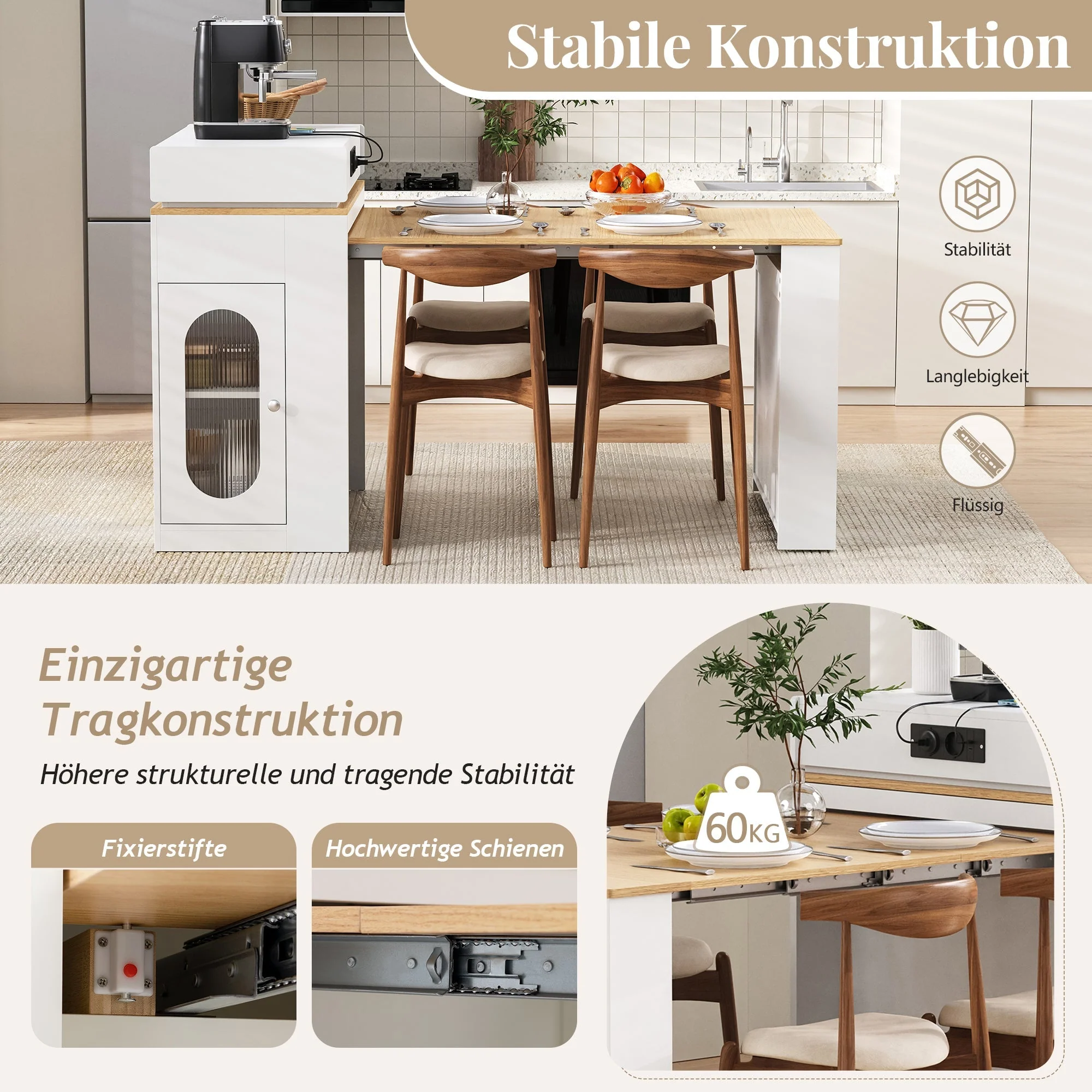 Kitchen Island with Wheels, Extendable Folding Tabletop, Power Strips & Hooks - White - Image 8