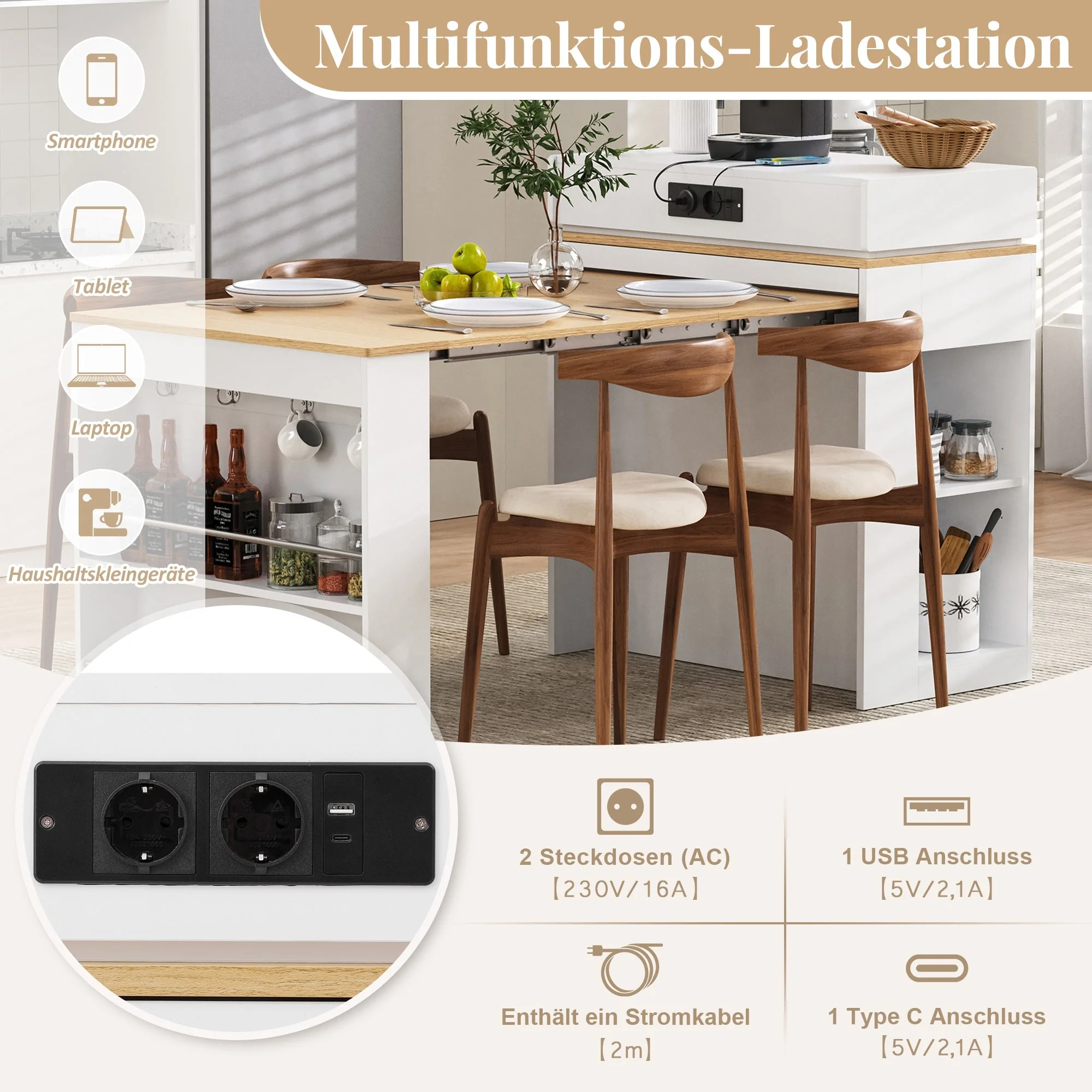Kitchen Island with Wheels, Extendable Folding Tabletop, Power Strips & Hooks - White - Image 9