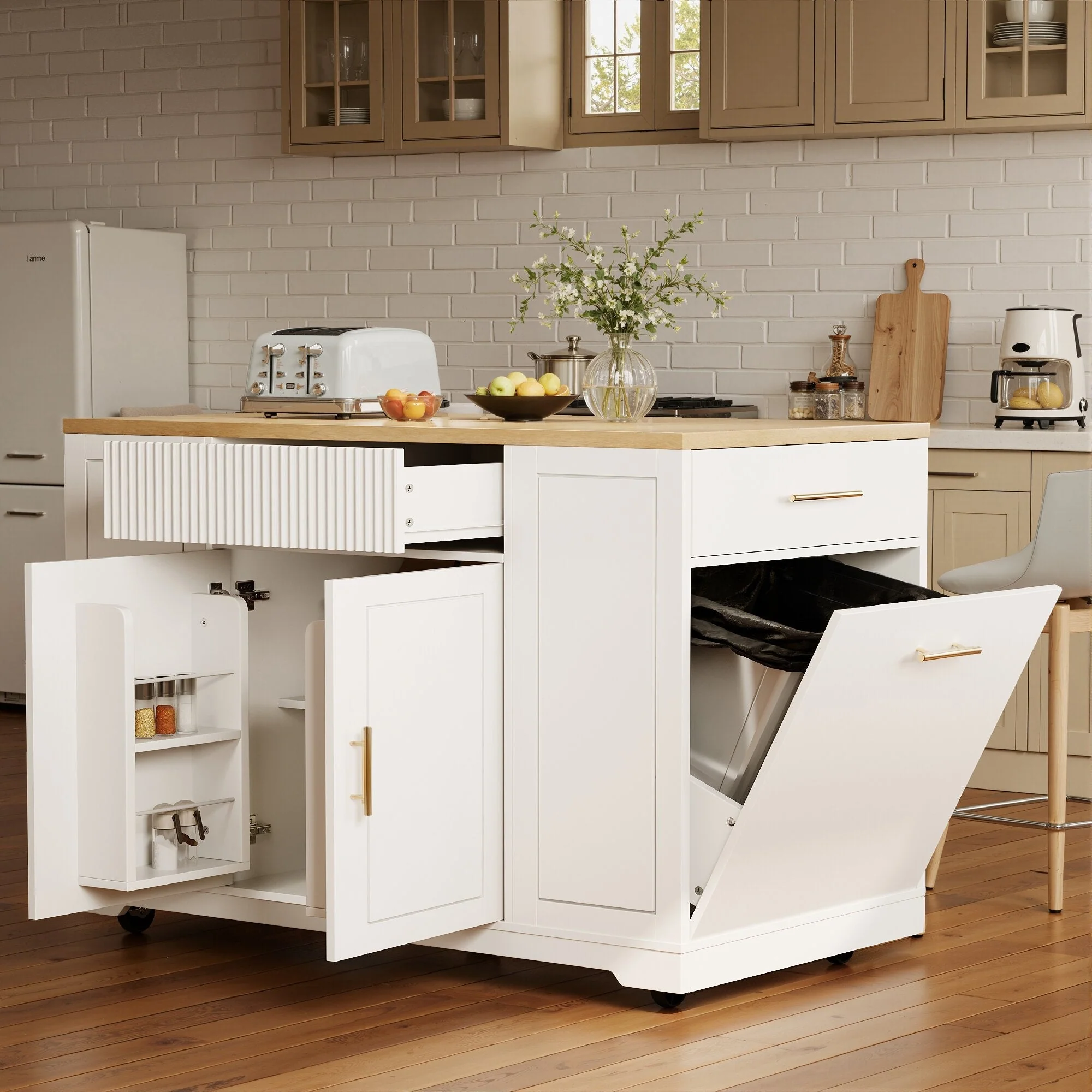 Kitchen Island with Wheels Waste Bin Storage 2 Doors 3 Drawers - Image 2