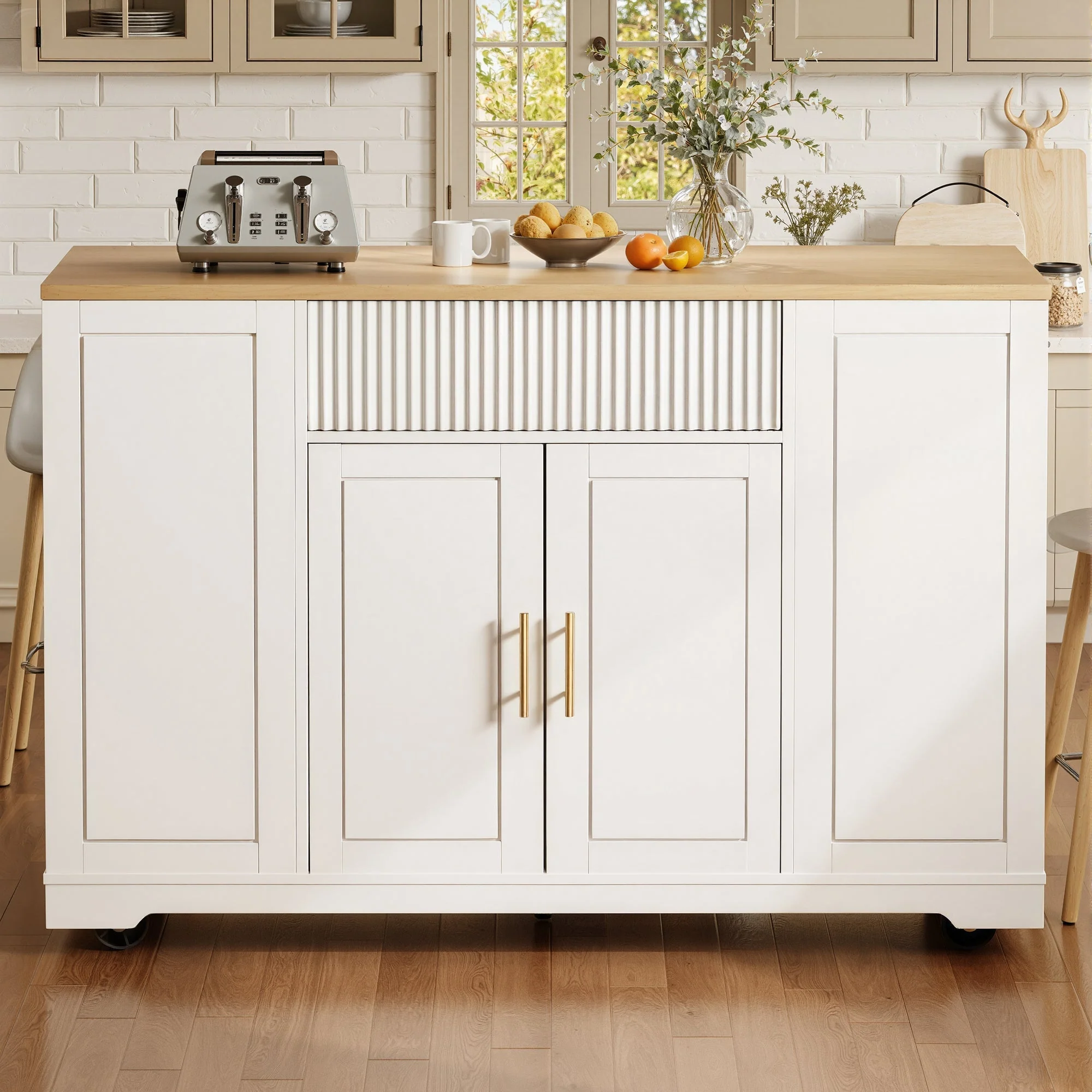 Kitchen Island with Wheels Waste Bin Storage 2 Doors 3 Drawers - Image 3