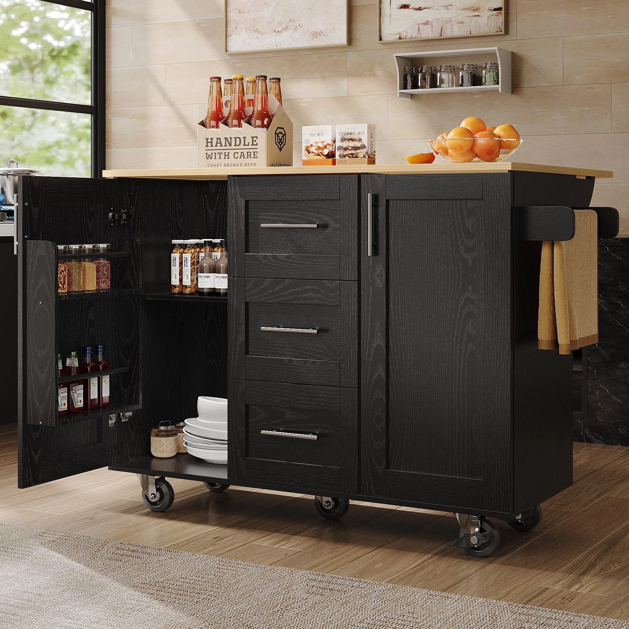 Kitchen Island Workbench Storage Removable Casters - Black - Image 4