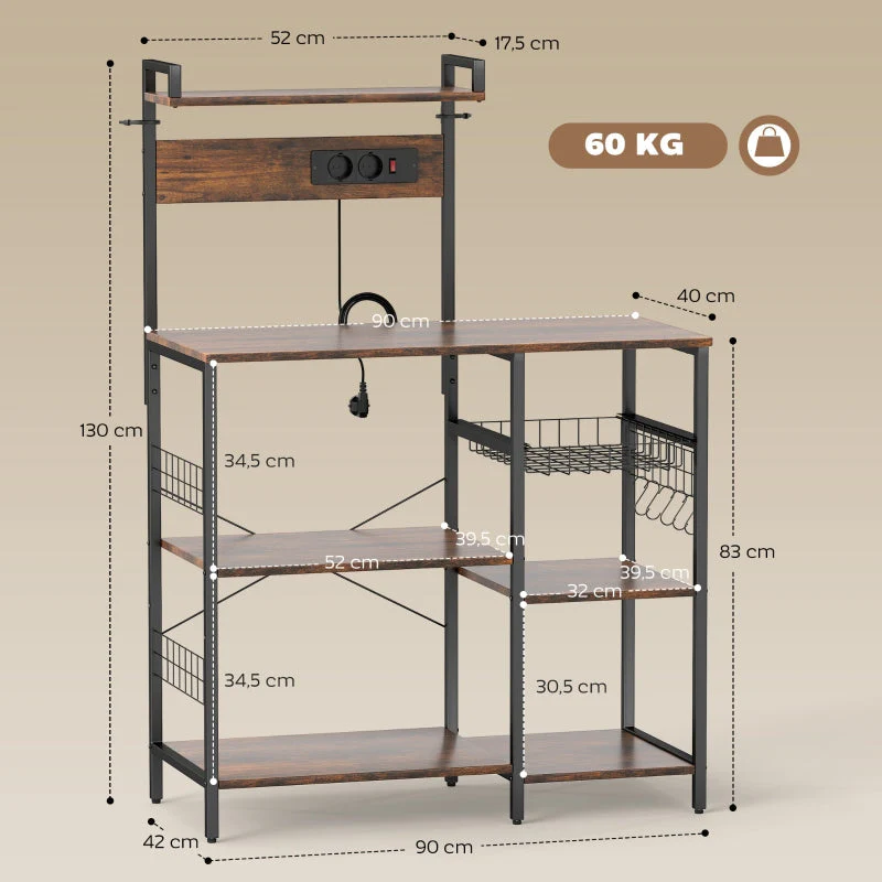 Kitchen Shelf Freestanding 5-Tier 2 Sockets 5 Hooks Basket - Steel - Image 3