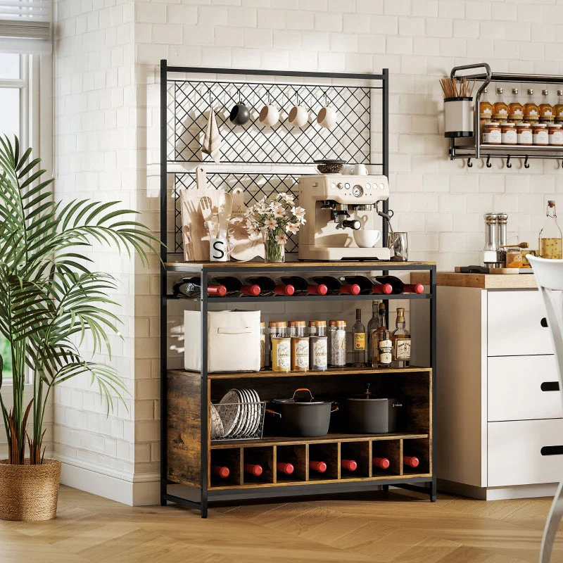 Kitchen Shelf with Worktop, Mesh Panels, 5 Hooks, Brown