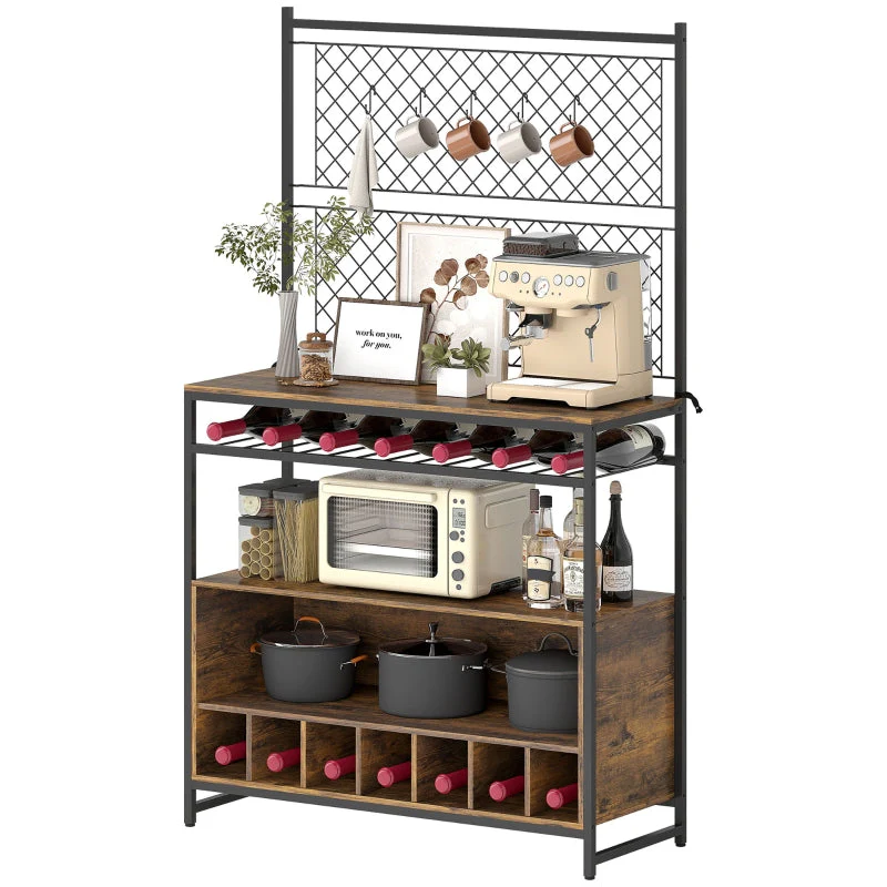 Kitchen Shelf with Worktop, Mesh Panels, 5 Hooks, Brown - Image 2