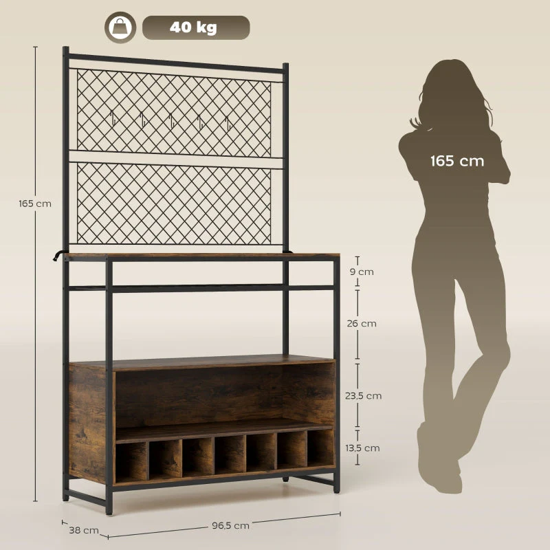 Kitchen Shelf with Worktop, Mesh Panels, 5 Hooks, Brown - Image 3