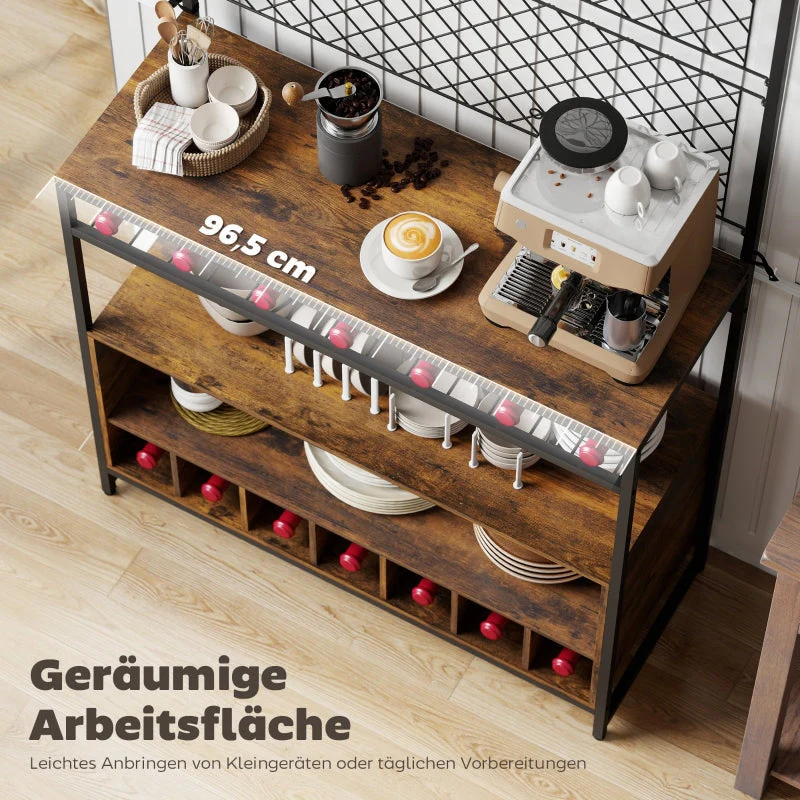 Kitchen Shelf with Worktop, Mesh Panels, 5 Hooks, Brown - Image 4