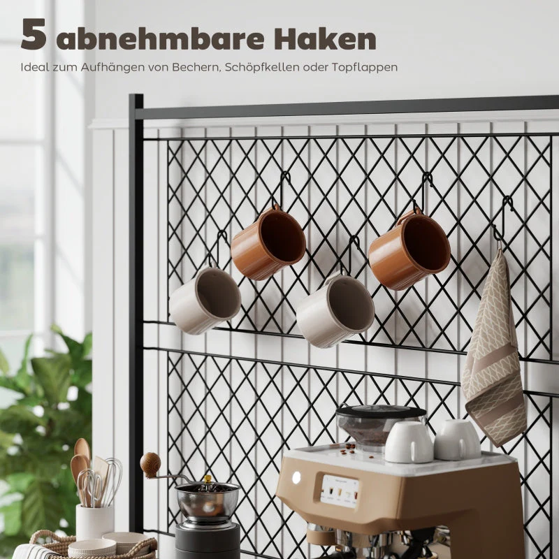 Kitchen Shelf with Worktop, Mesh Panels, 5 Hooks, Brown - Image 6