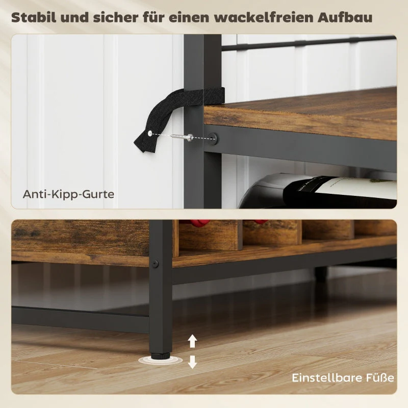 Kitchen Shelf with Worktop, Mesh Panels, 5 Hooks, Brown - Image 7