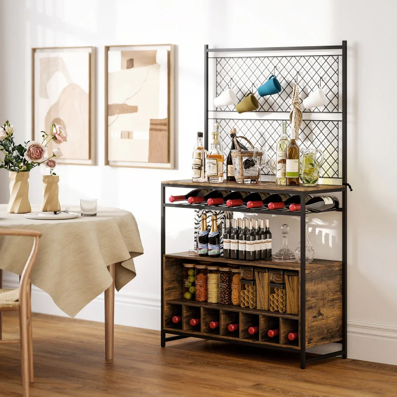 Kitchen Shelf with Worktop, Mesh Panels, 5 Hooks, Brown - Image 8