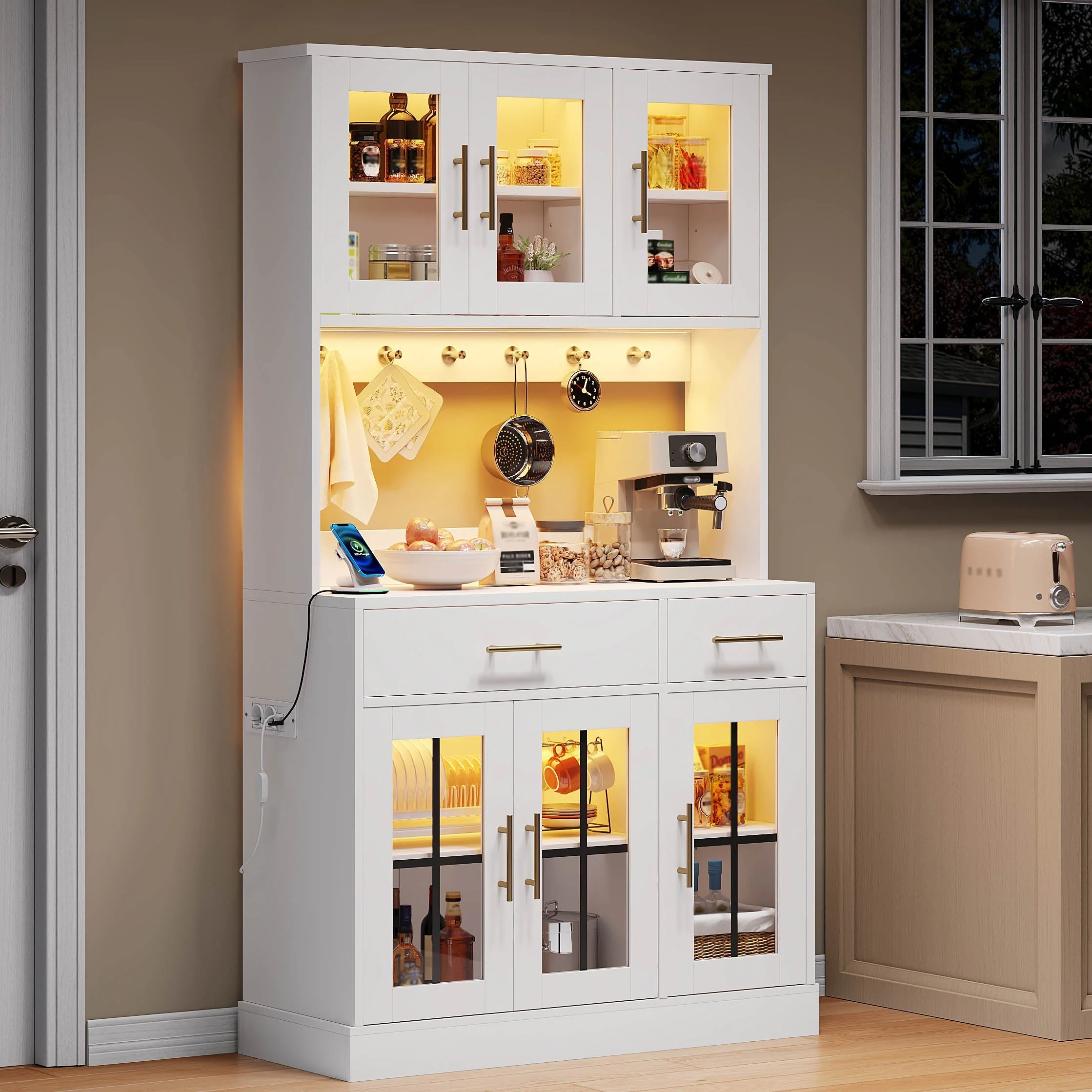 Kitchen Sideboard 180x100cm LED Socket 6 Doors 2 Drawers Adjustable Shelves - White