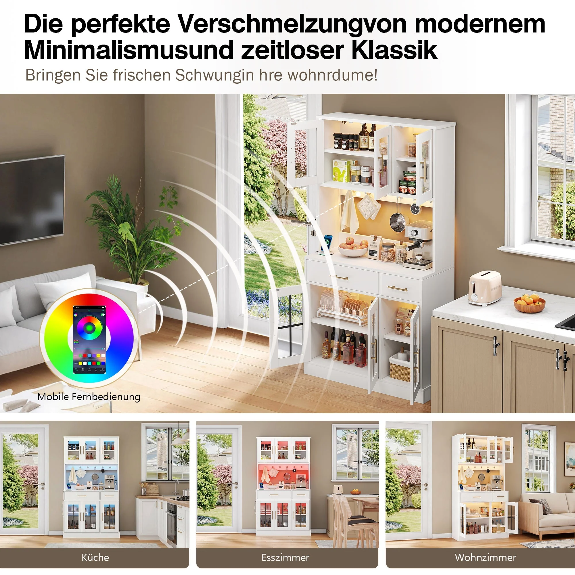 Kitchen Sideboard 180x100cm LED Socket 6 Doors 2 Drawers Adjustable Shelves - White - Image 2