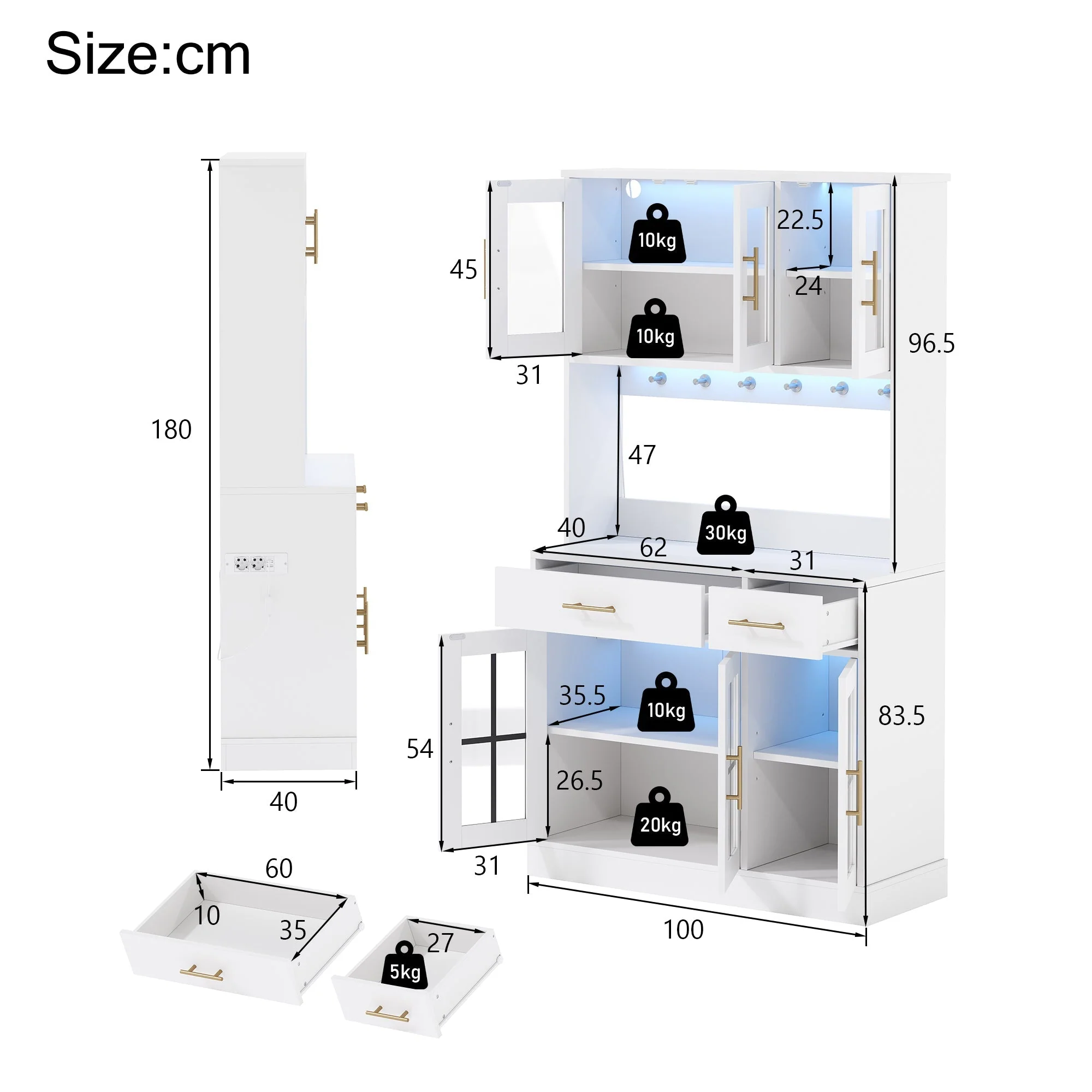 Kitchen Sideboard 180x100cm LED Socket 6 Doors 2 Drawers Adjustable Shelves - White - Image 6