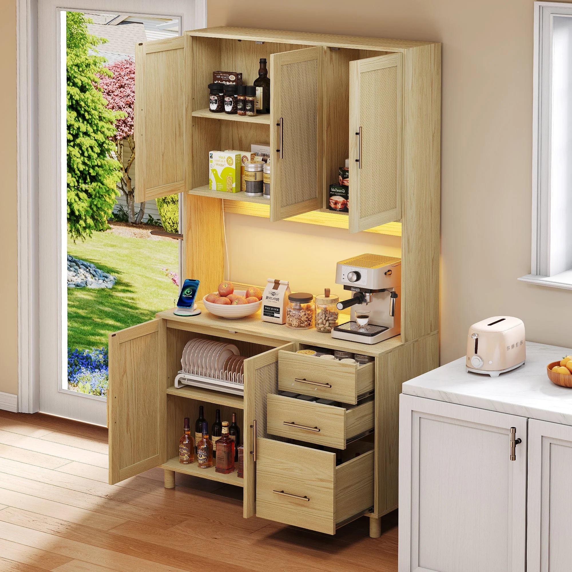 Kitchen Sideboard Buffet 183cm LED Charging Station 3 Drawers Gold Handles - Image 10