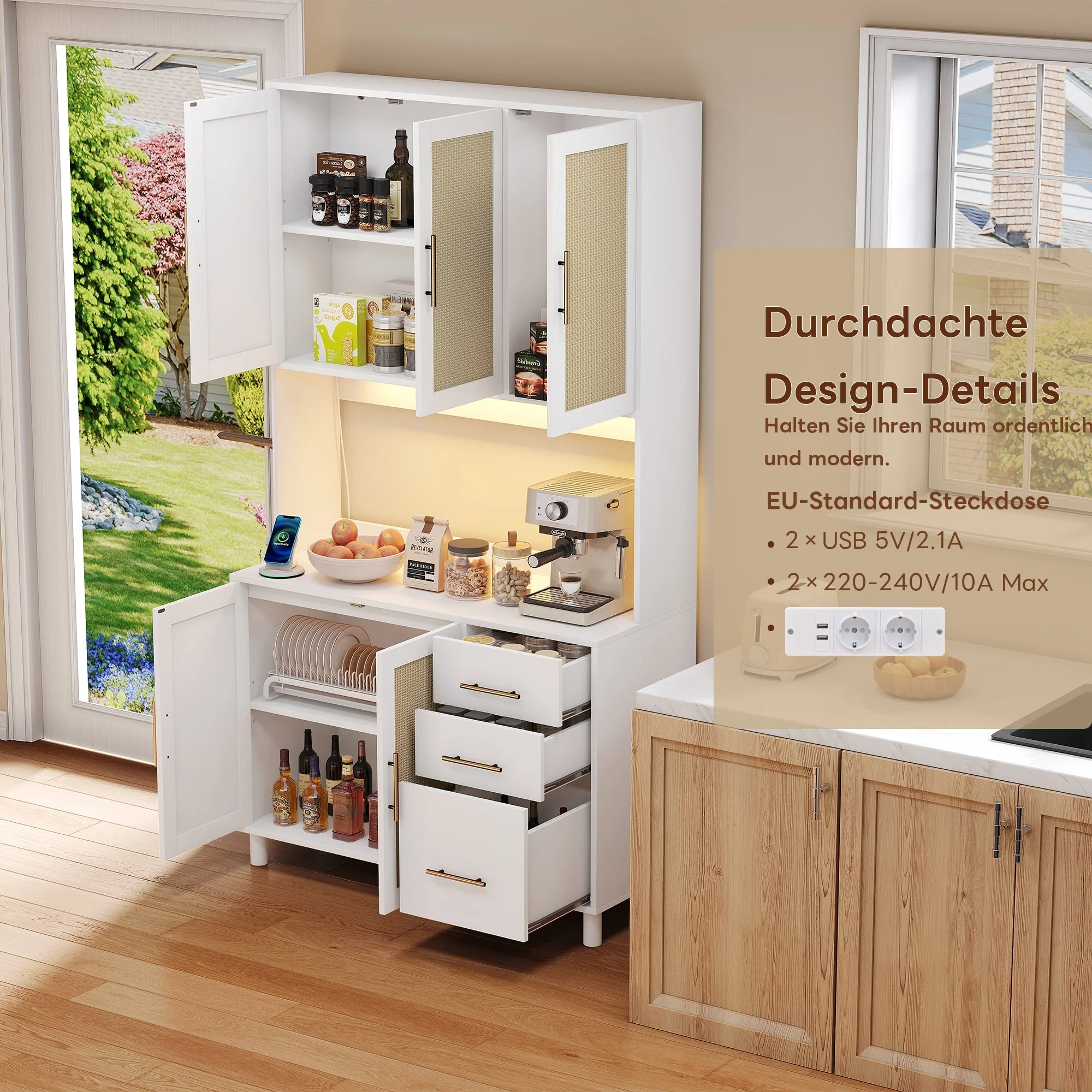 Kitchen Sideboard Buffet 183cm Tall LED USB Sockets 3 Drawers Gold Handles - Image 3