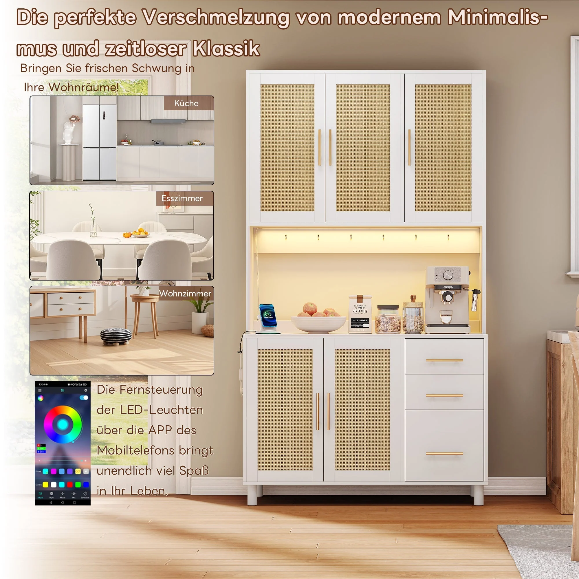 Kitchen Sideboard Buffet 183cm Tall LED USB Sockets 3 Drawers Gold Handles - Image 5