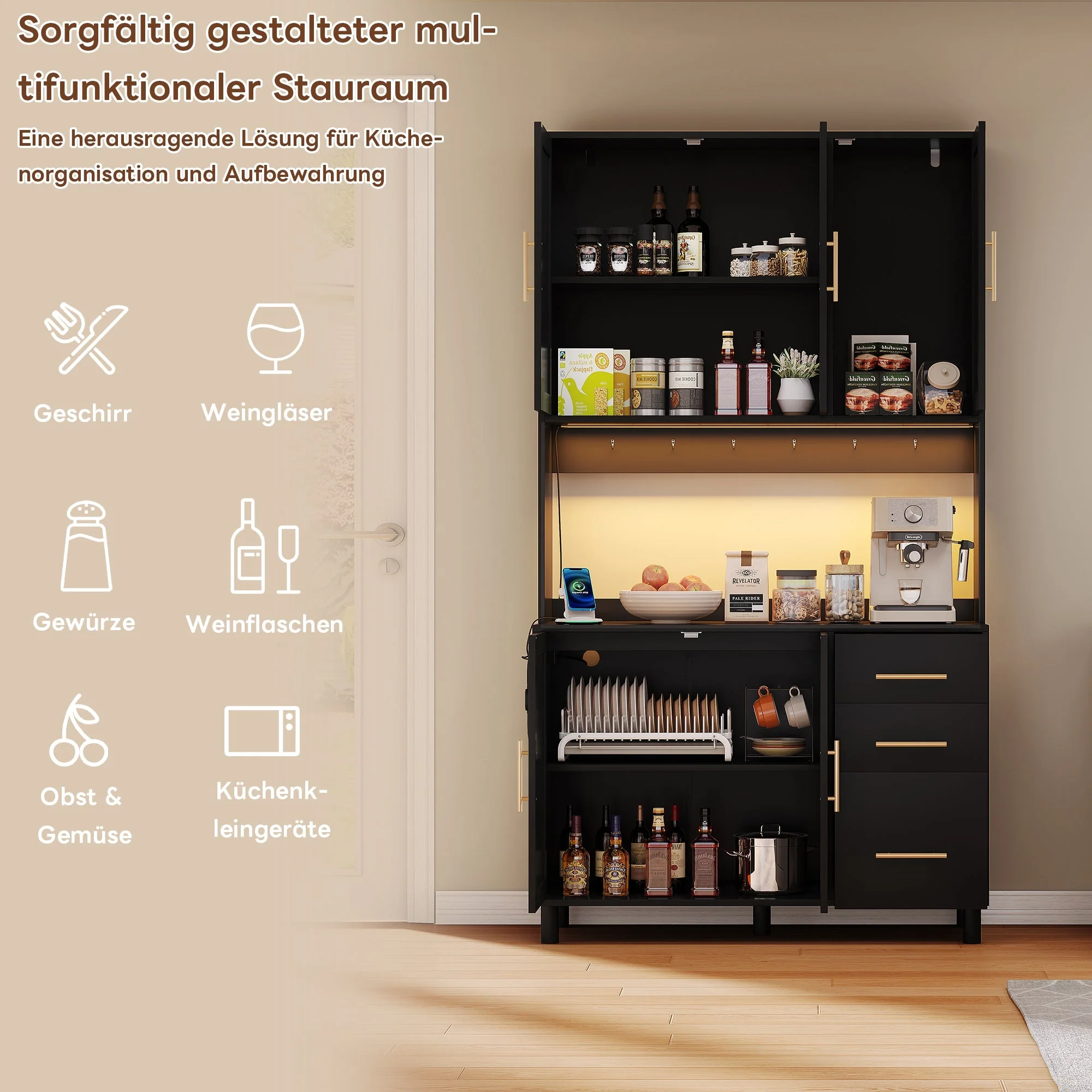 Kitchen Sideboard Buffet 183cm with App LED Lights Power Outlets Shelves & 3 Drawers - Gold Handles - Image 2