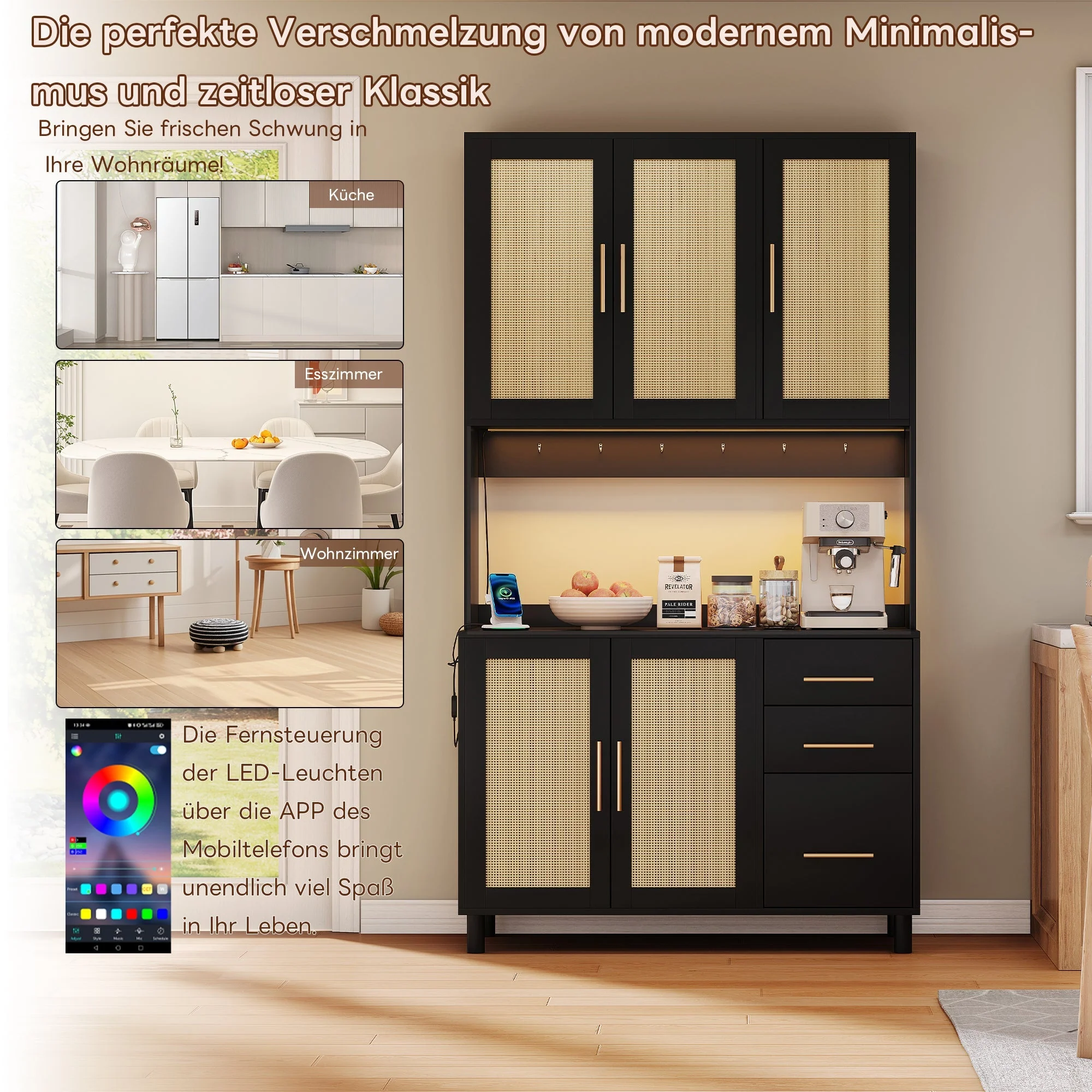 Kitchen Sideboard Buffet 183cm with App LED Lights Power Outlets Shelves & 3 Drawers - Gold Handles - Image 3