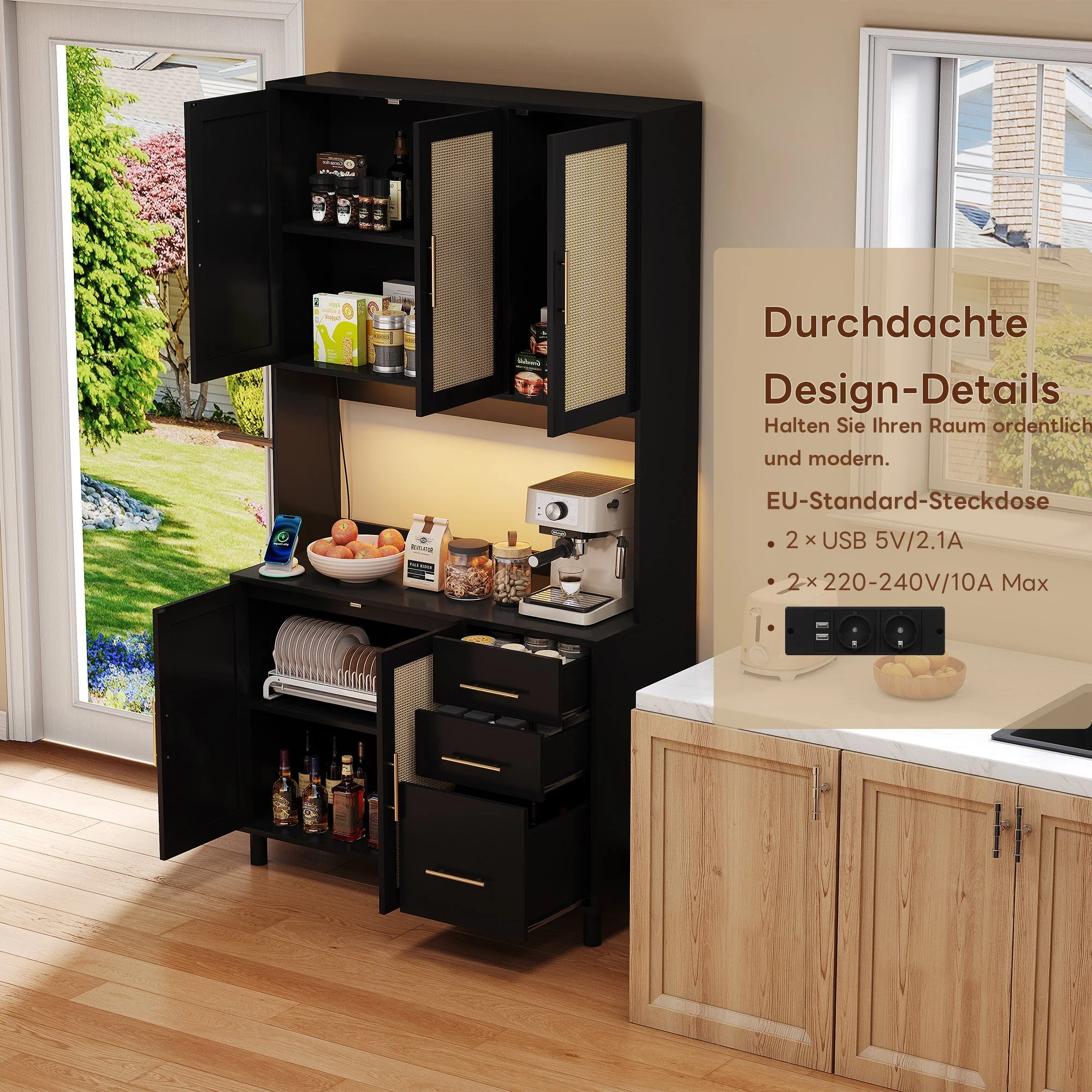 Kitchen Sideboard Buffet 183cm with App LED Lights Power Outlets Shelves & 3 Drawers - Gold Handles - Image 5