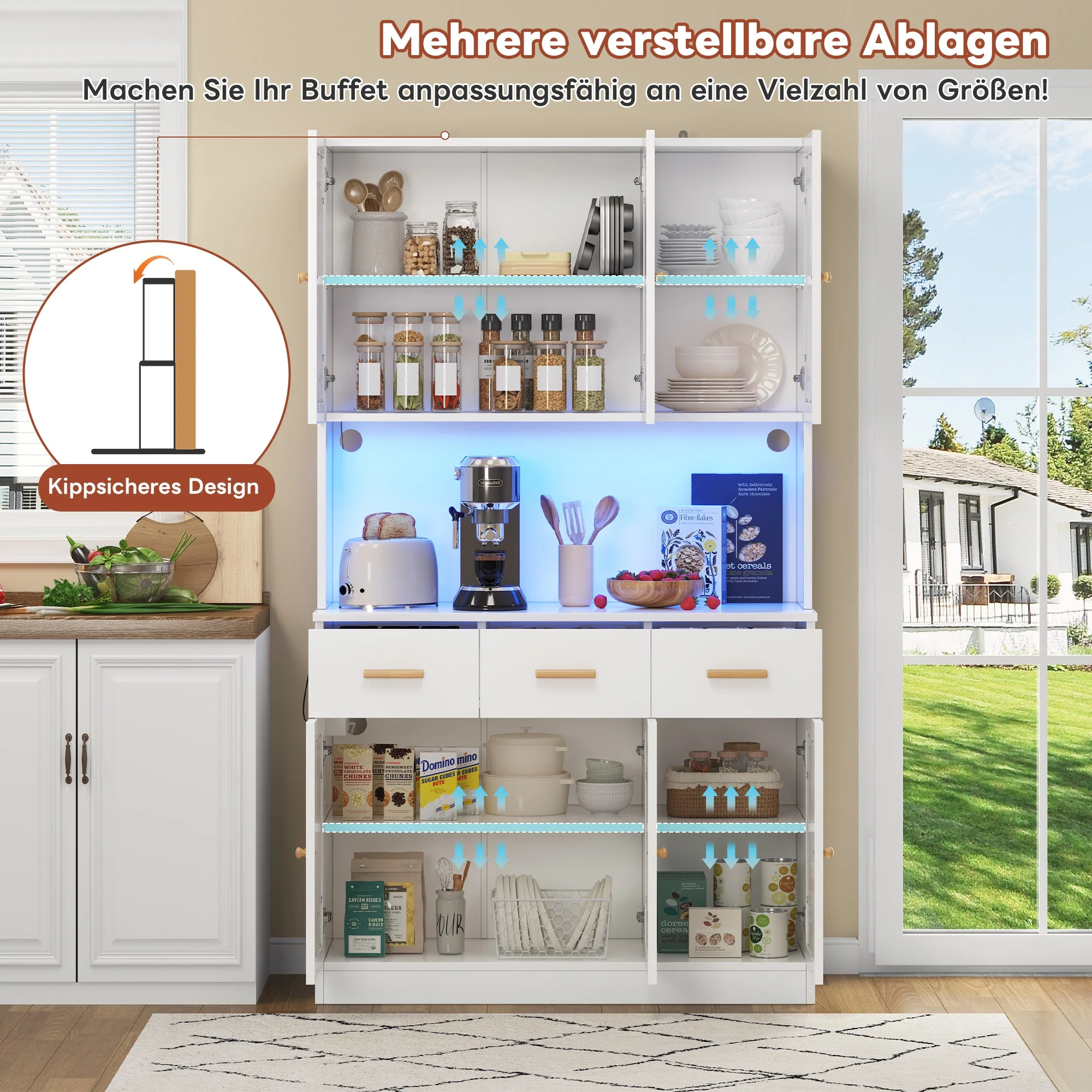 Kitchen Sideboard Tall Cabinet with LED & Socket, White Fabric/Solid Wood - Image 4