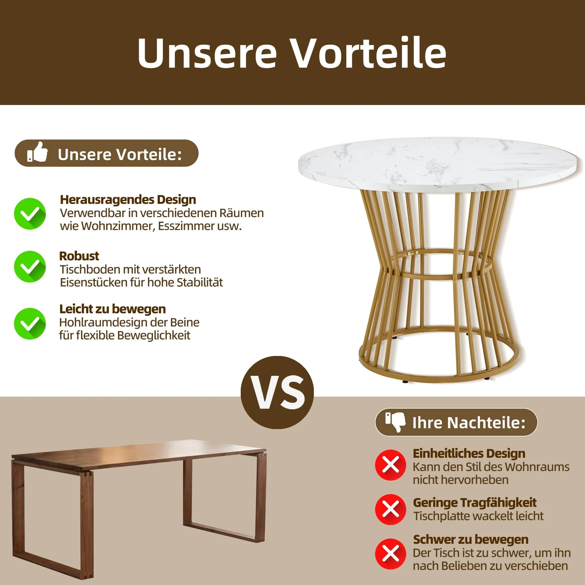 Kitchen Table Modern Marble Sturdy Metal Frame White/Gold - Image 4