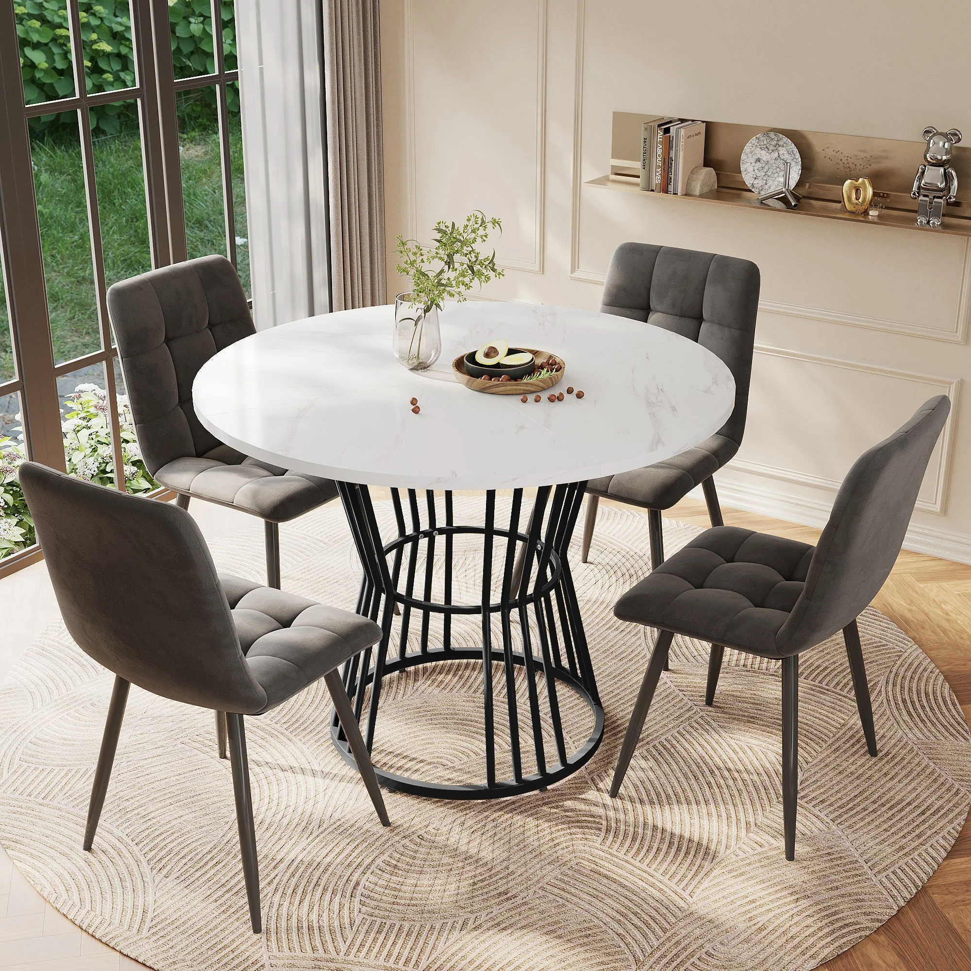 Kitchen Table Modern Marble Top Sturdy Metal Frame - White/Black