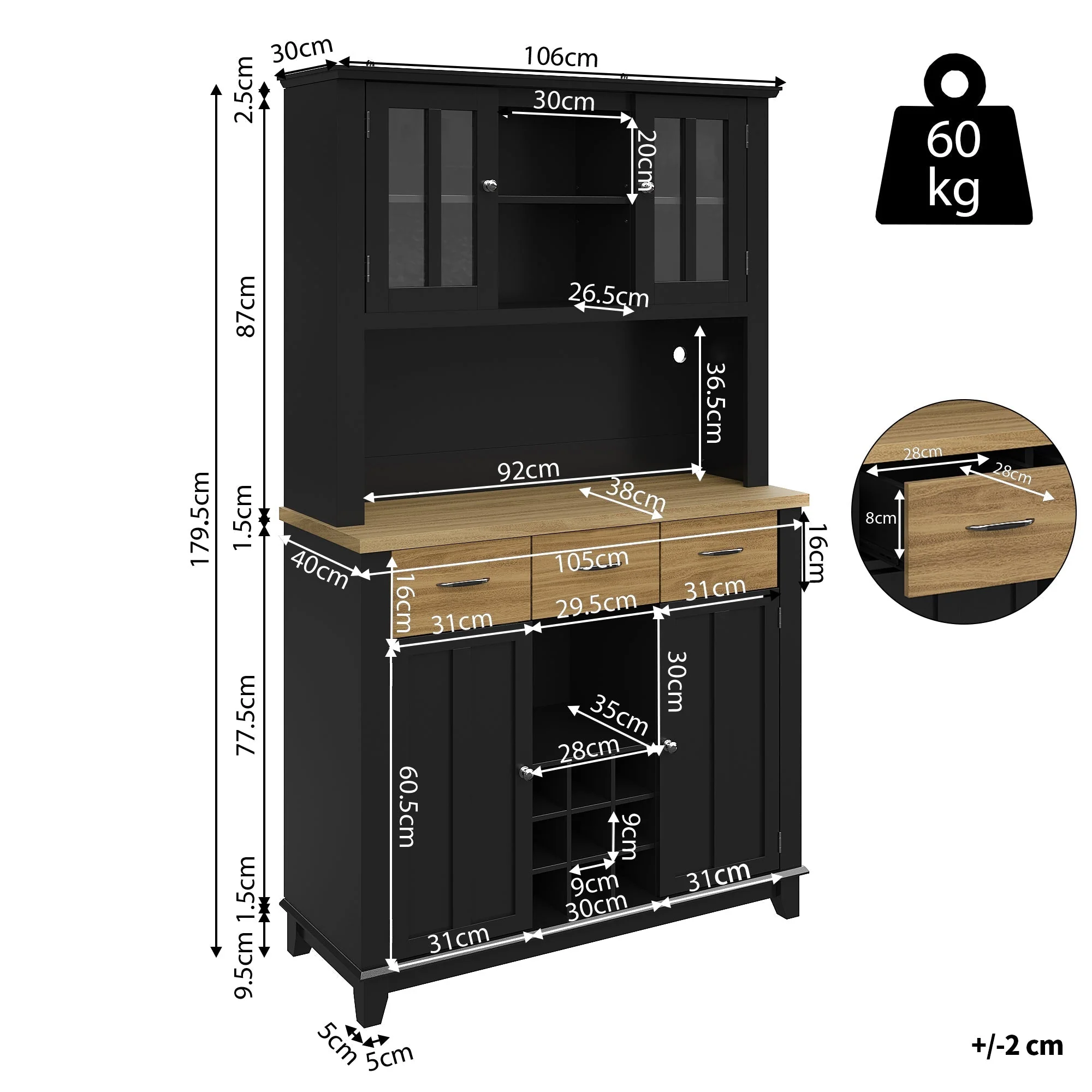 Kitchen Tall Cabinet 106cm Adjustable Shelves LED - Wood Drawers - Image 5