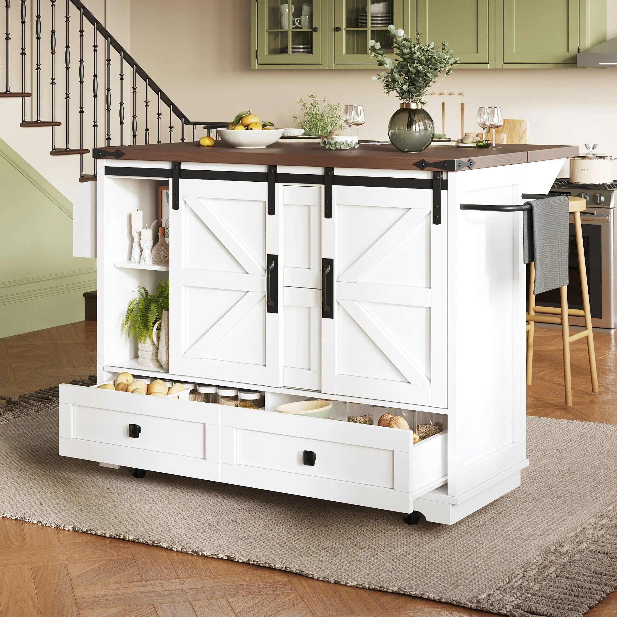 Kitchen Trolley Cart with Folding Table 3 Drawers & 2 Cabinet Doors - Image 4
