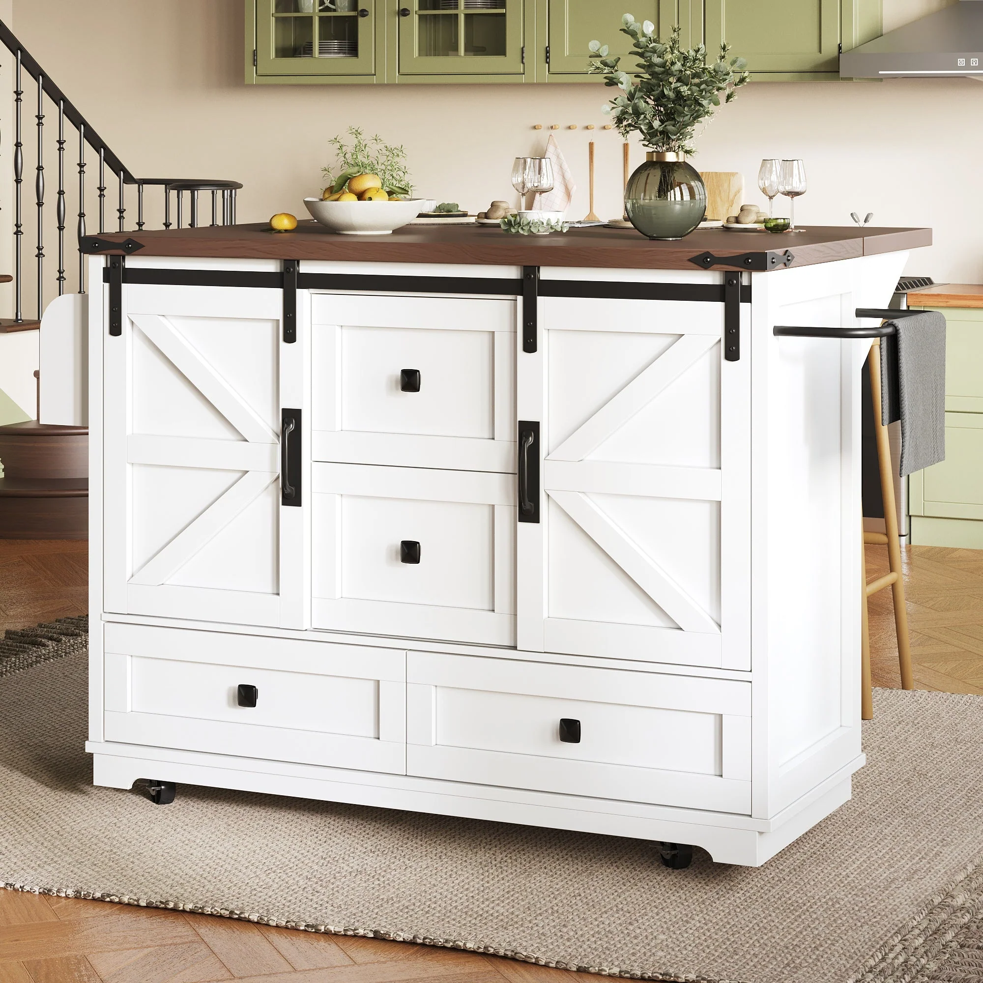 Kitchen Trolley Cart with Folding Table 3 Drawers & 2 Cabinet Doors - Image 6