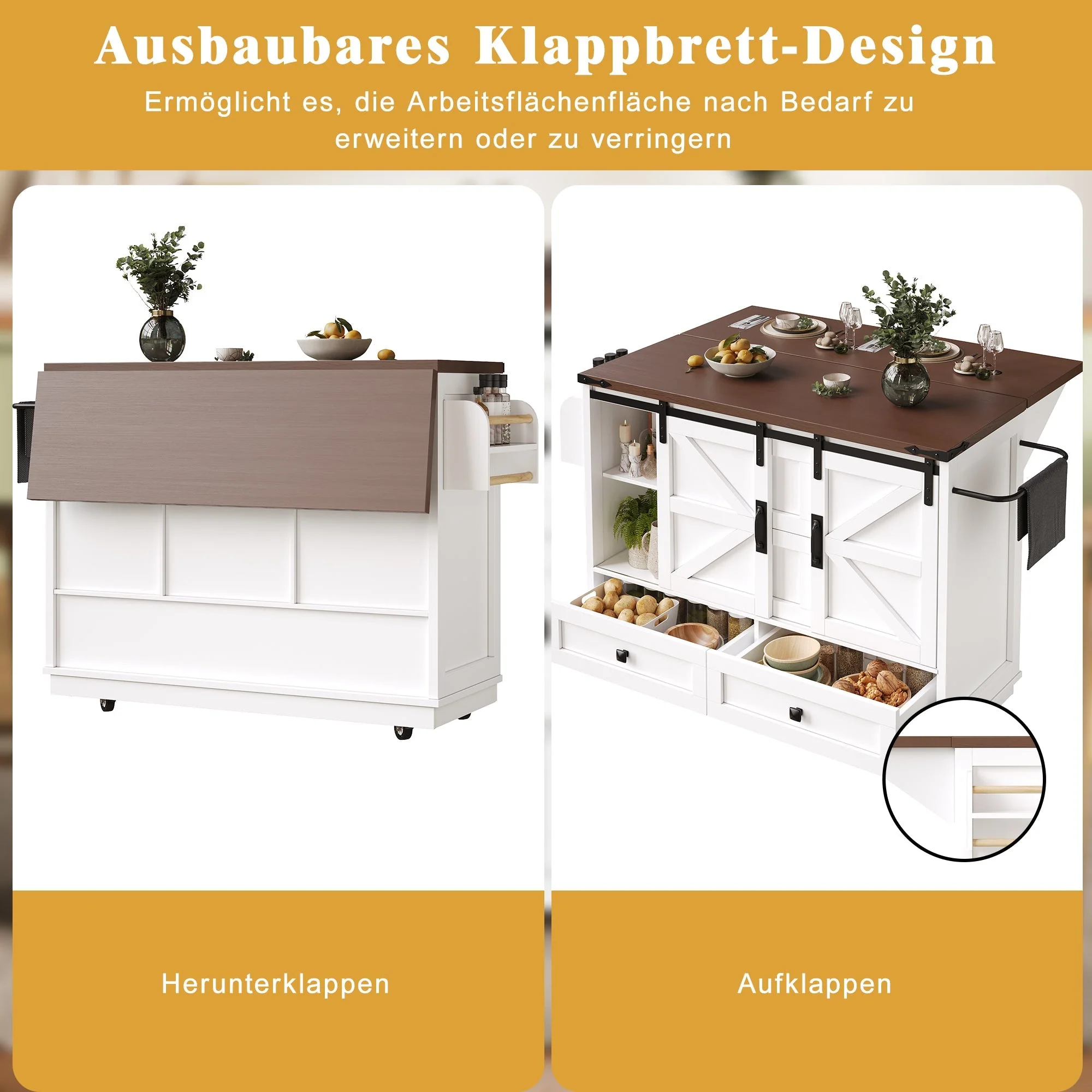 Kitchen Trolley Cart with Folding Table 3 Drawers & 2 Cabinet Doors - Image 8