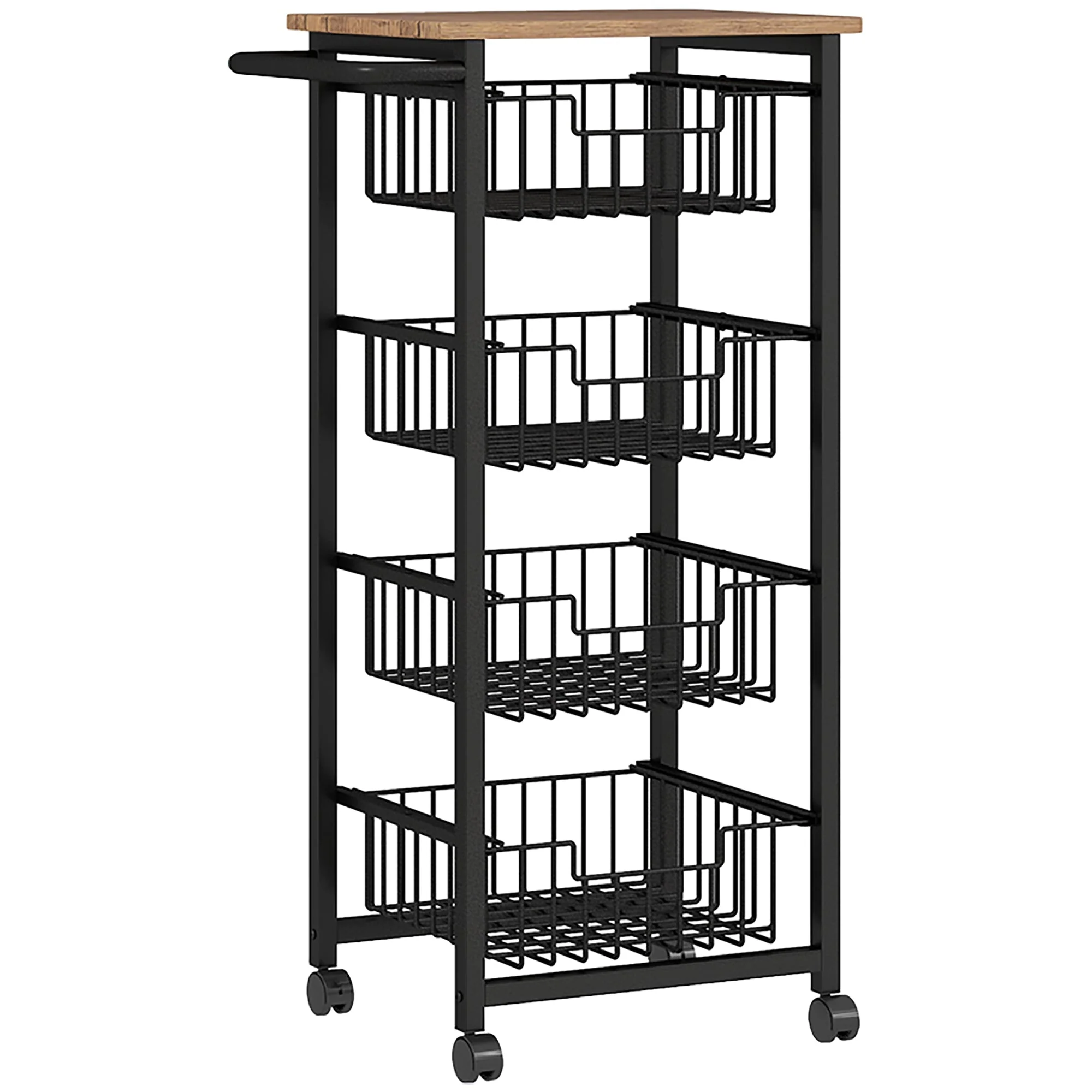 Kitchen Trolley Serving Cart with Worktop, 4 Extendable Baskets, Oak - Image 2