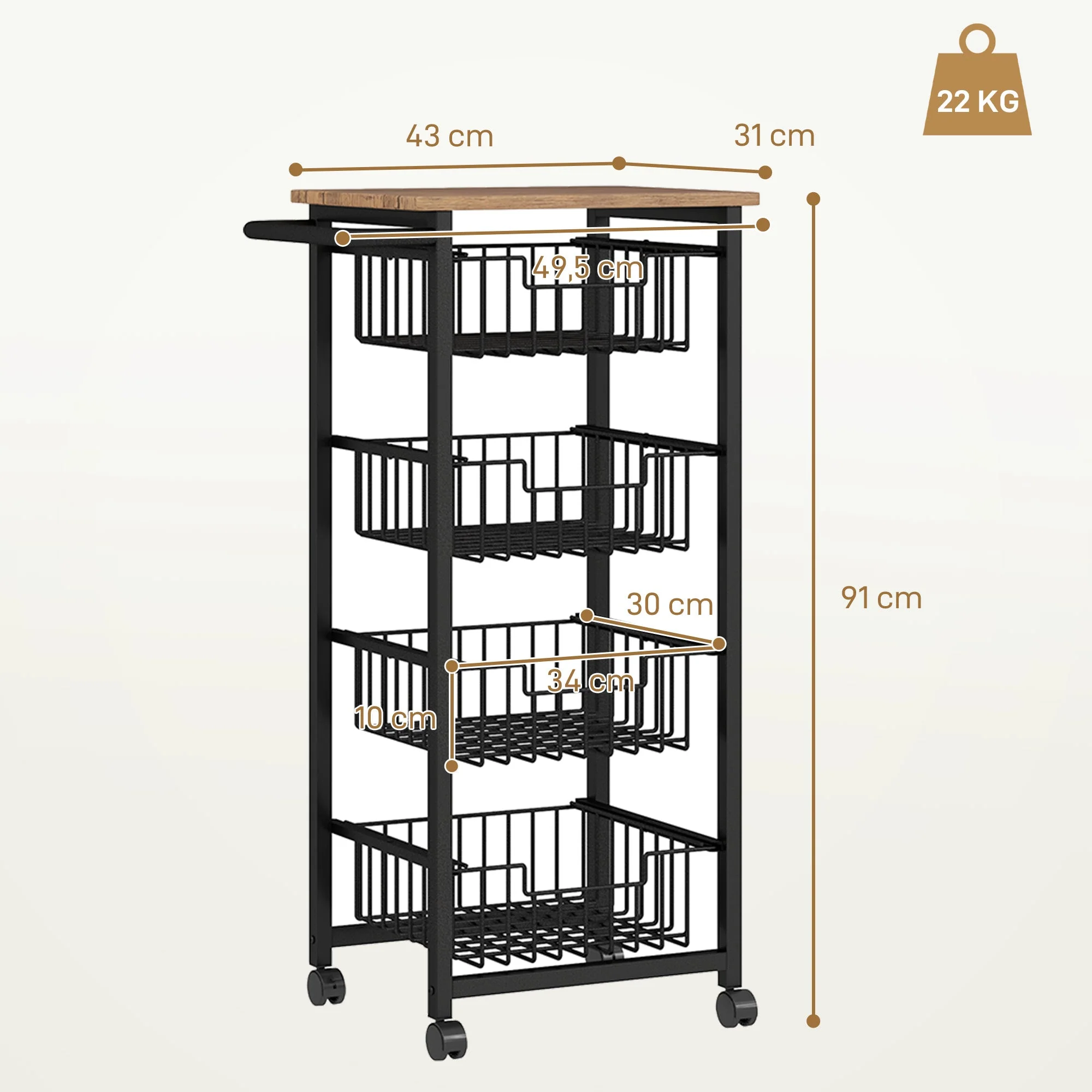 Kitchen Trolley Serving Cart with Worktop, 4 Extendable Baskets, Oak - Image 3