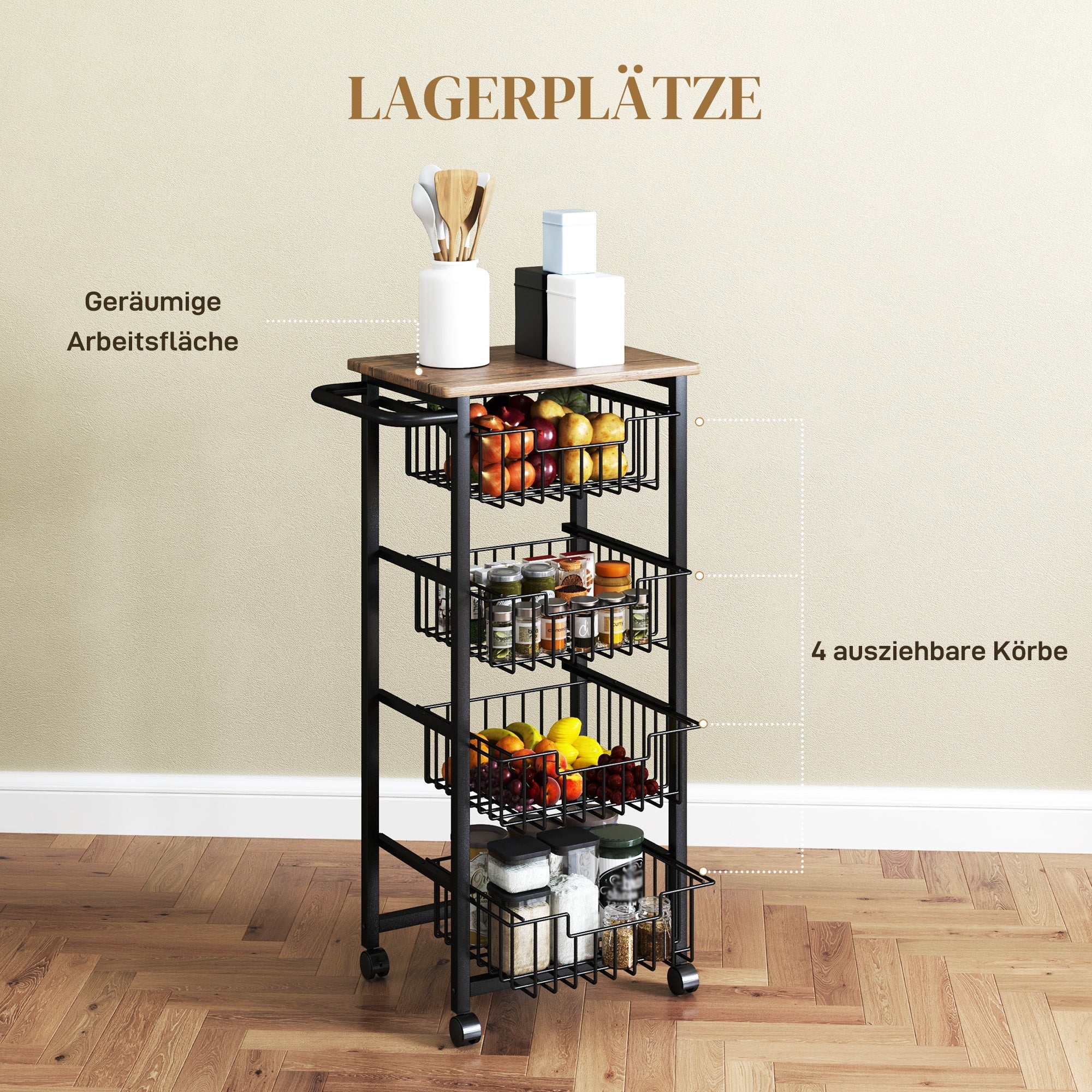 Kitchen Trolley Serving Cart with Worktop, 4 Extendable Baskets, Oak - Image 4