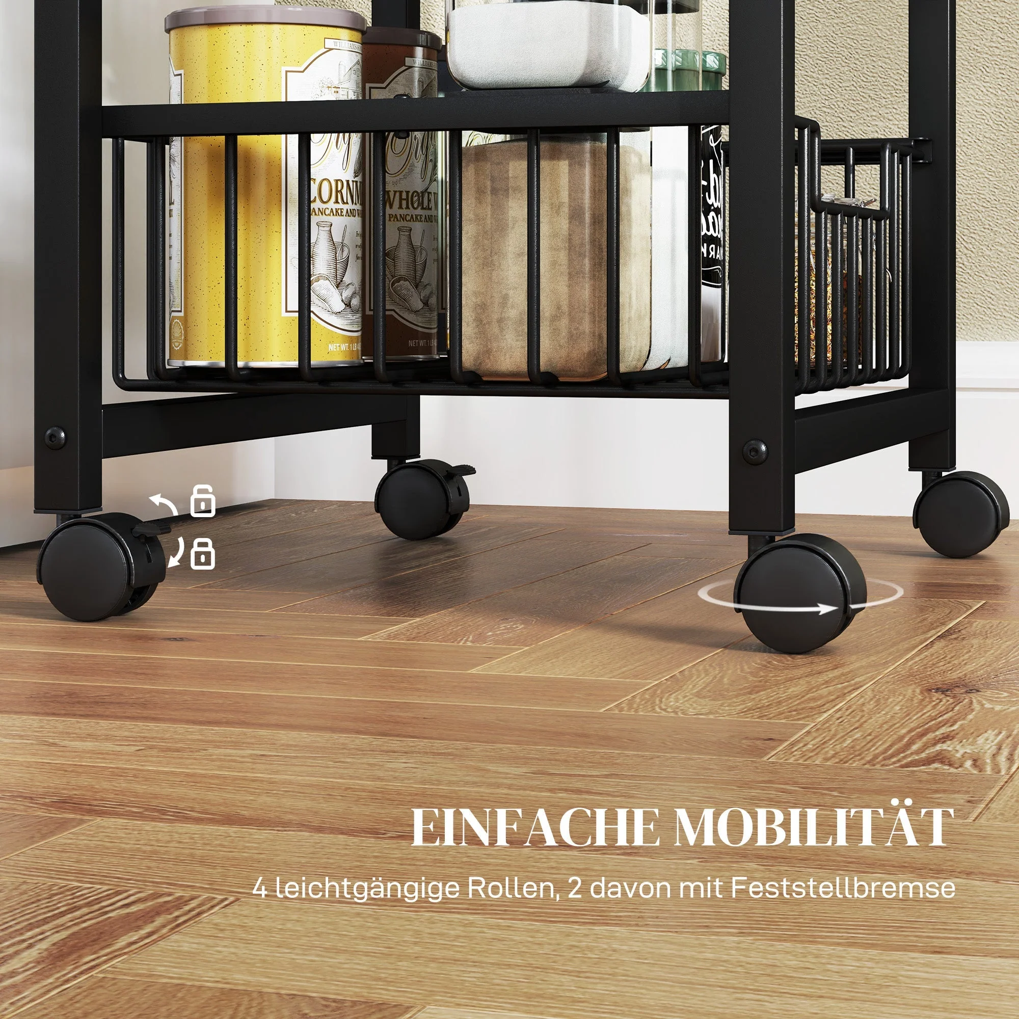 Kitchen Trolley Serving Cart with Worktop, 4 Extendable Baskets, Oak - Image 5