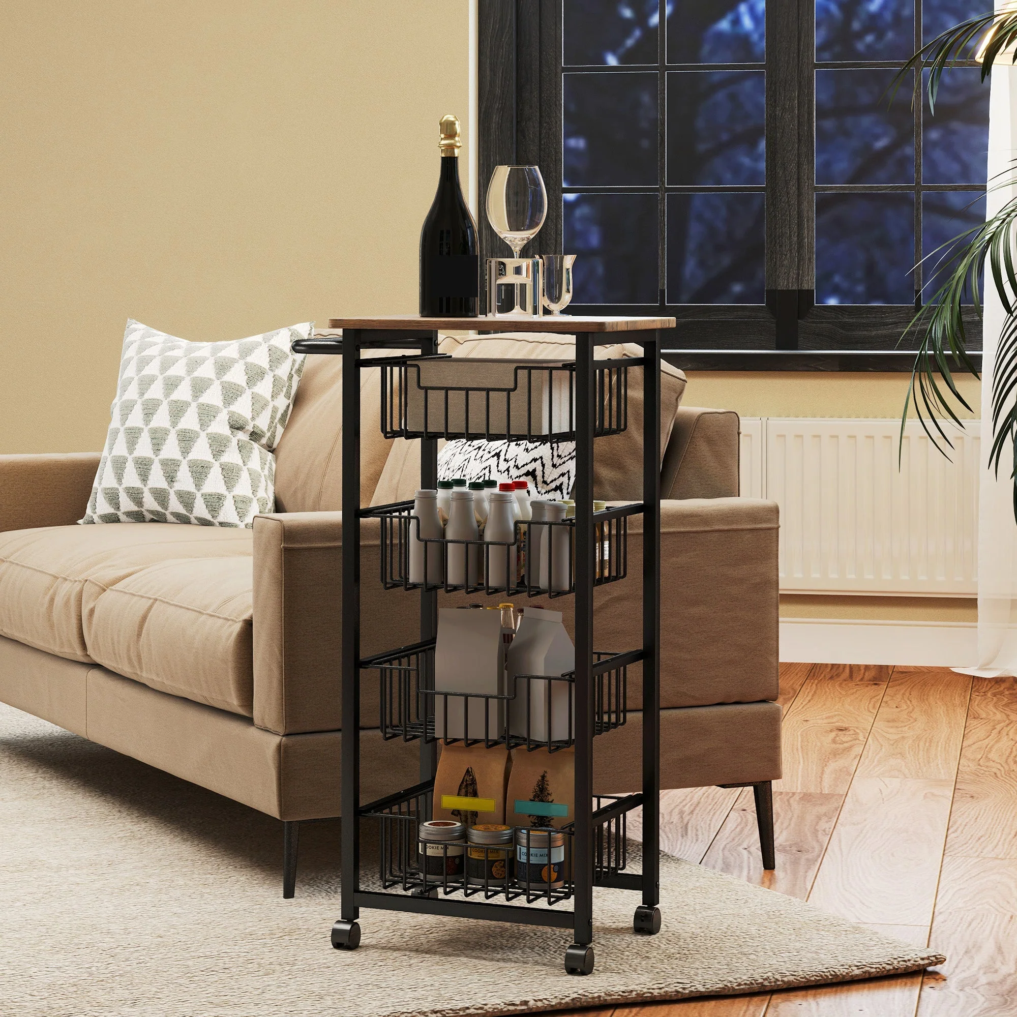 Kitchen Trolley Serving Cart with Worktop, 4 Extendable Baskets, Oak - Image 6
