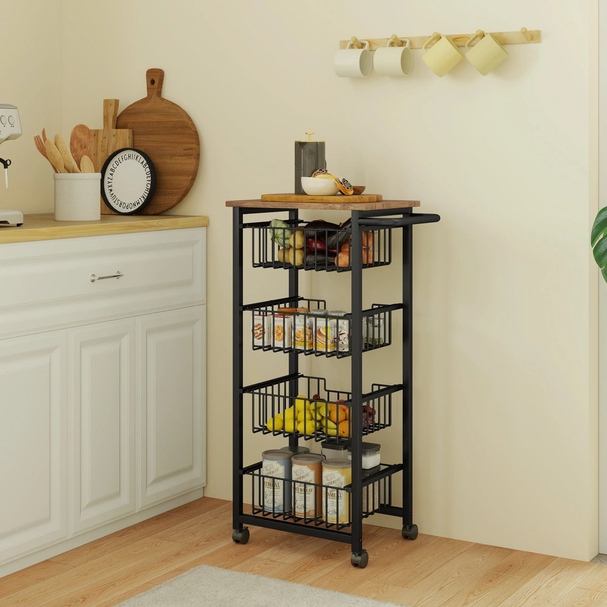 Kitchen Trolley Serving Cart with Worktop, 4 Extendable Baskets, Oak - Image 7