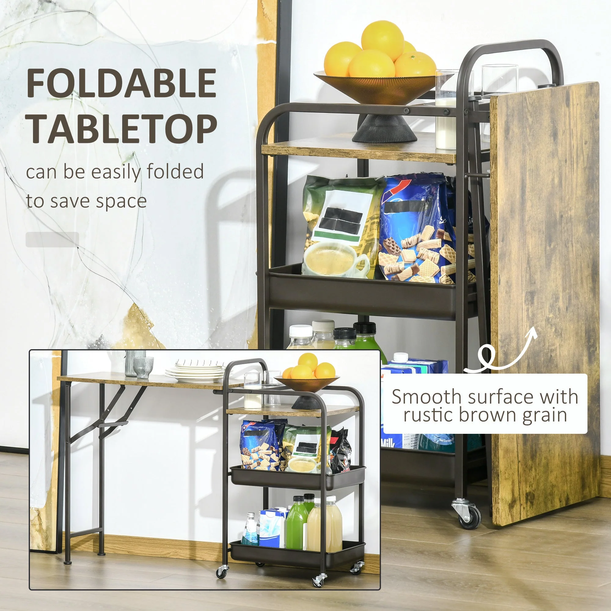 Kitchen Trolley with Folding Table Top, 2 Trays, Wheels, and Adjustable Foot Pads, Metal - Image 5