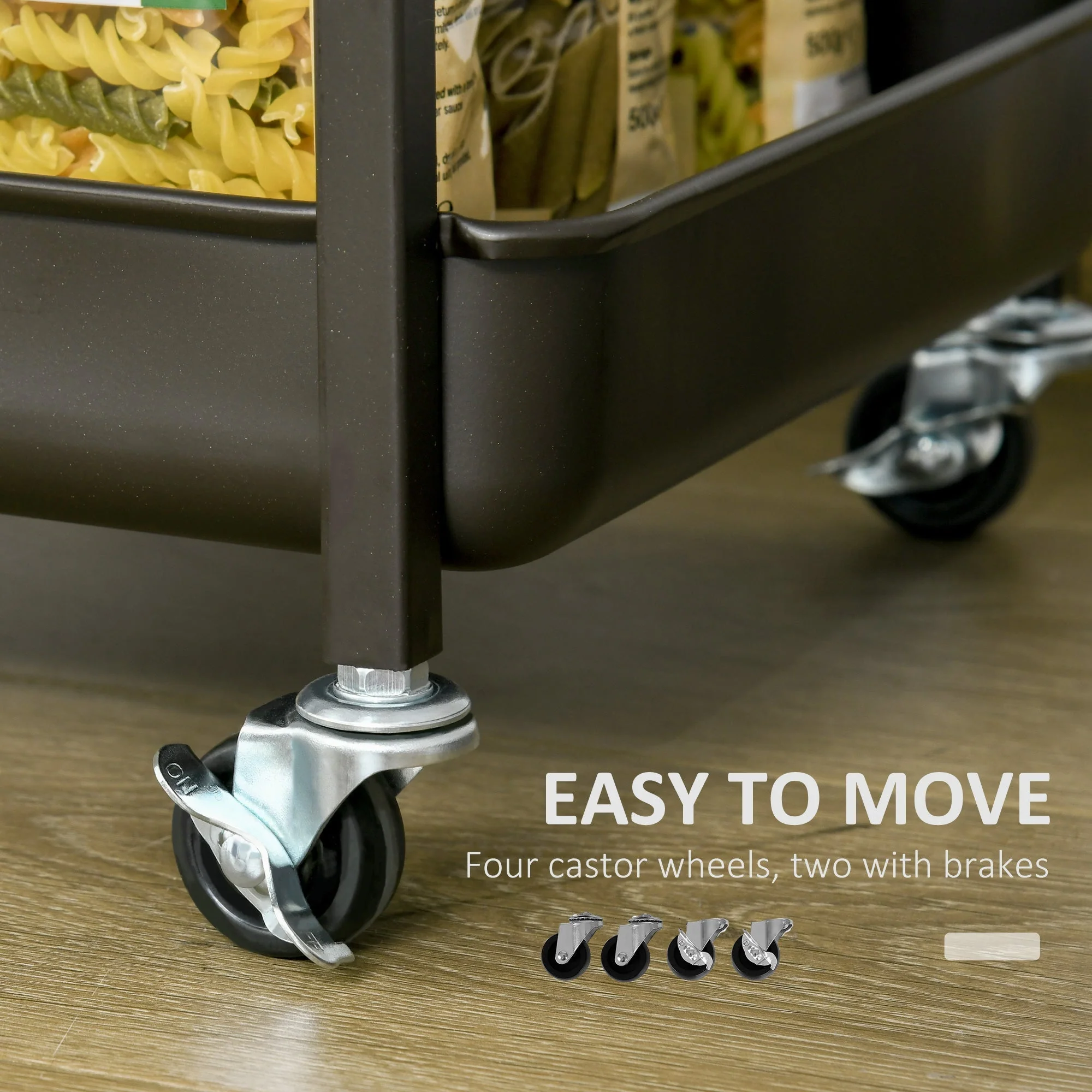 Kitchen Trolley with Folding Table Top, 2 Trays, Wheels, and Adjustable Foot Pads, Metal - Image 6