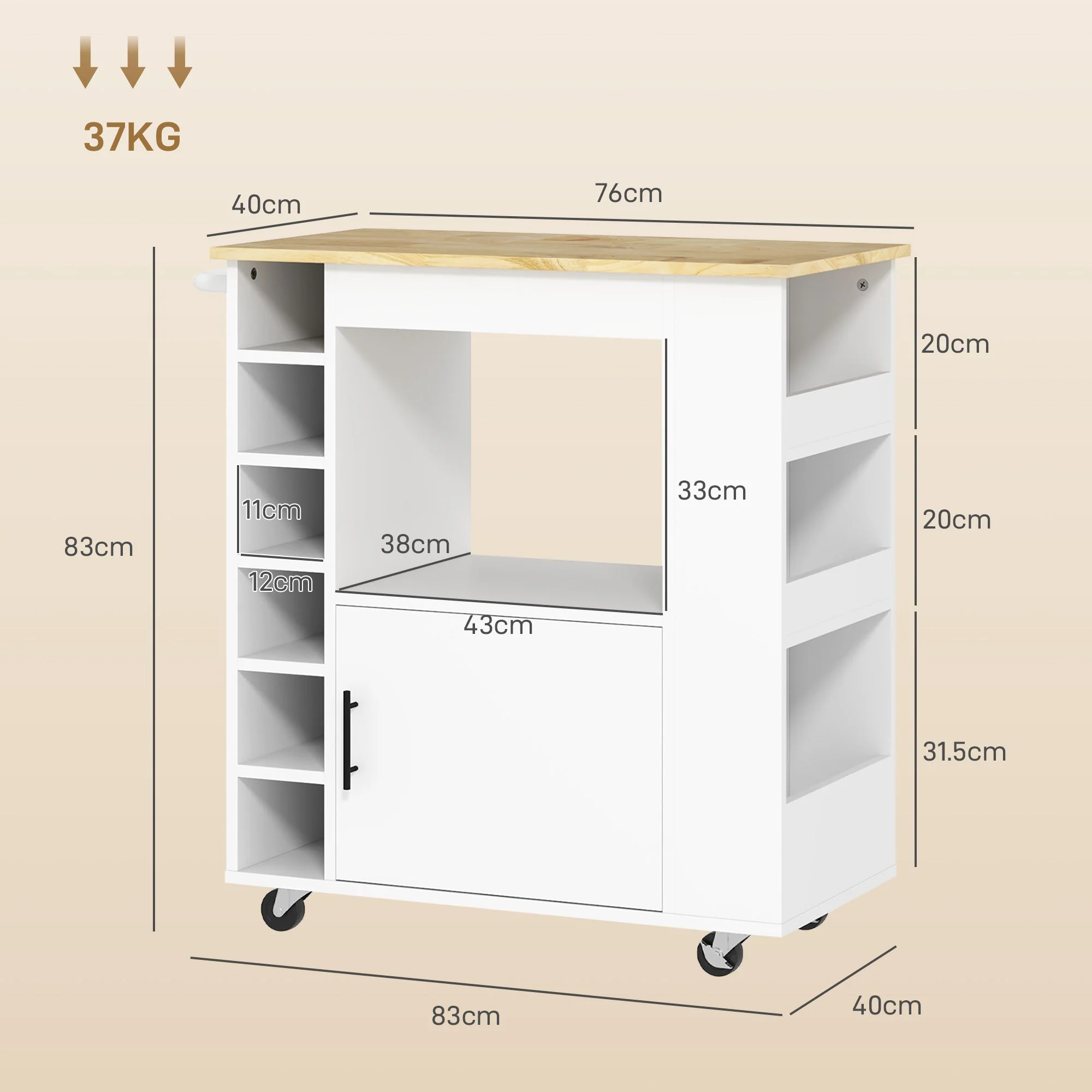 Kitchen Trolley with Worktop, Shelves, Wine Racks, Soft-Close Hinges, Oak - Image 3