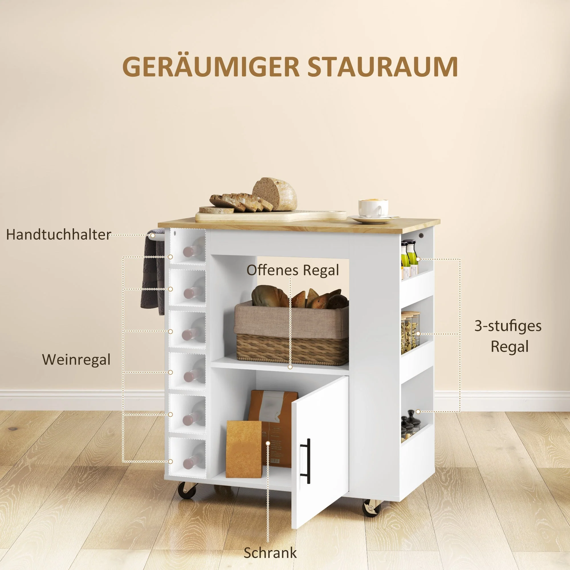 Kitchen Trolley with Worktop, Shelves, Wine Racks, Soft-Close Hinges, Oak - Image 4