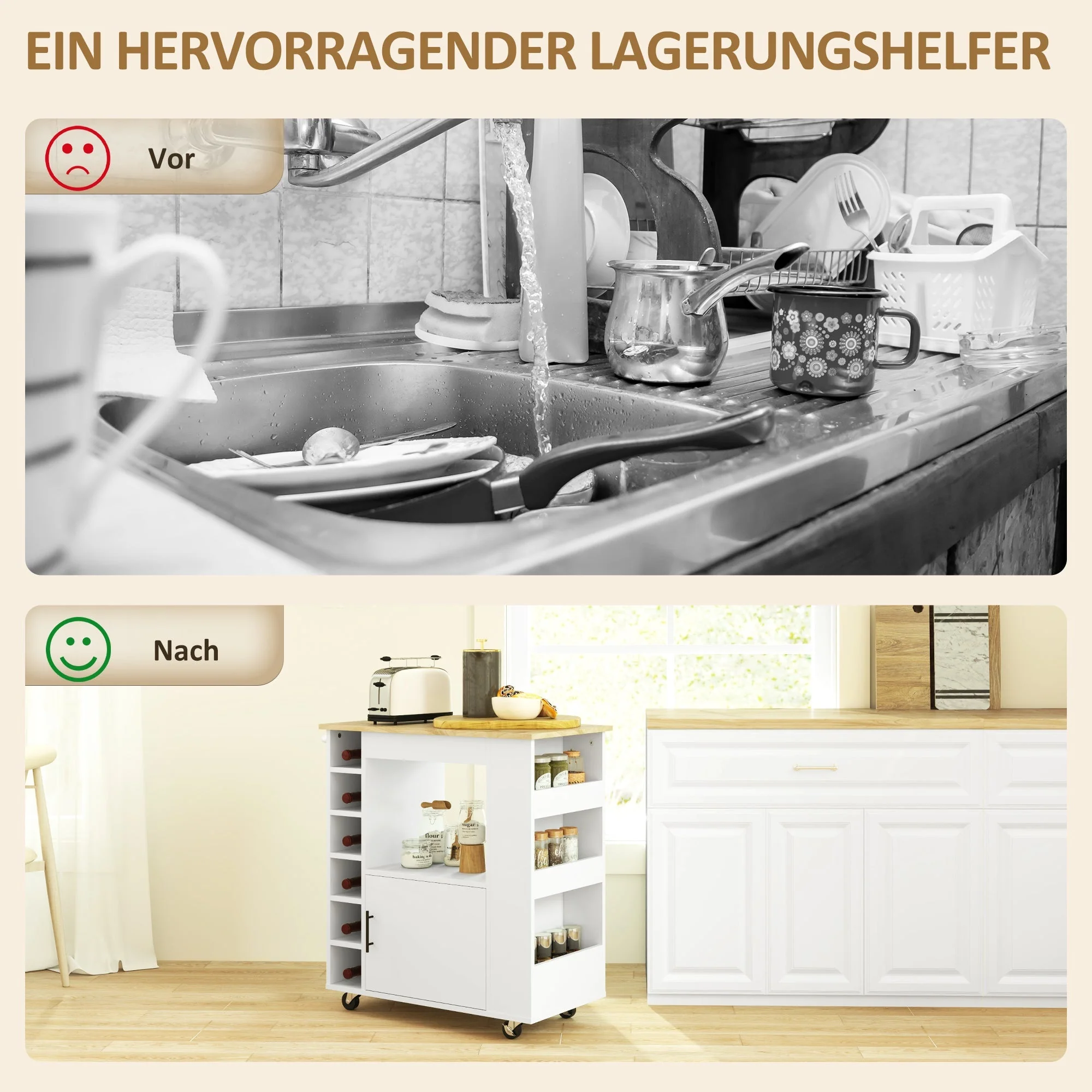 Kitchen Trolley with Worktop, Shelves, Wine Racks, Soft-Close Hinges, Oak - Image 7