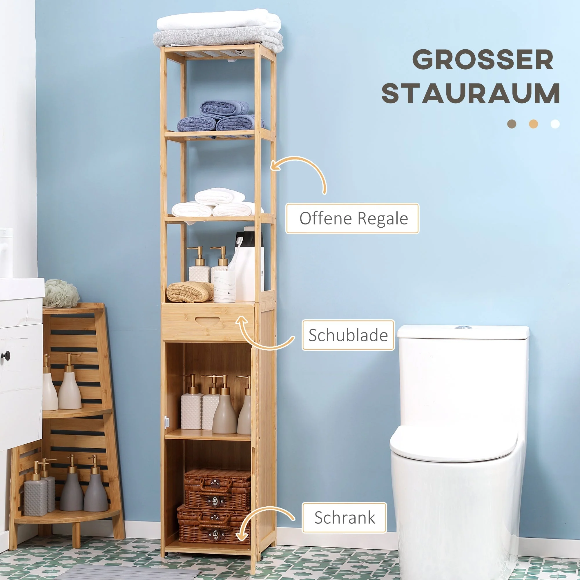 kleankin Bathroom Cabinet, Drawer, Shelves, Open Compartment, Natural Wood - Image 4