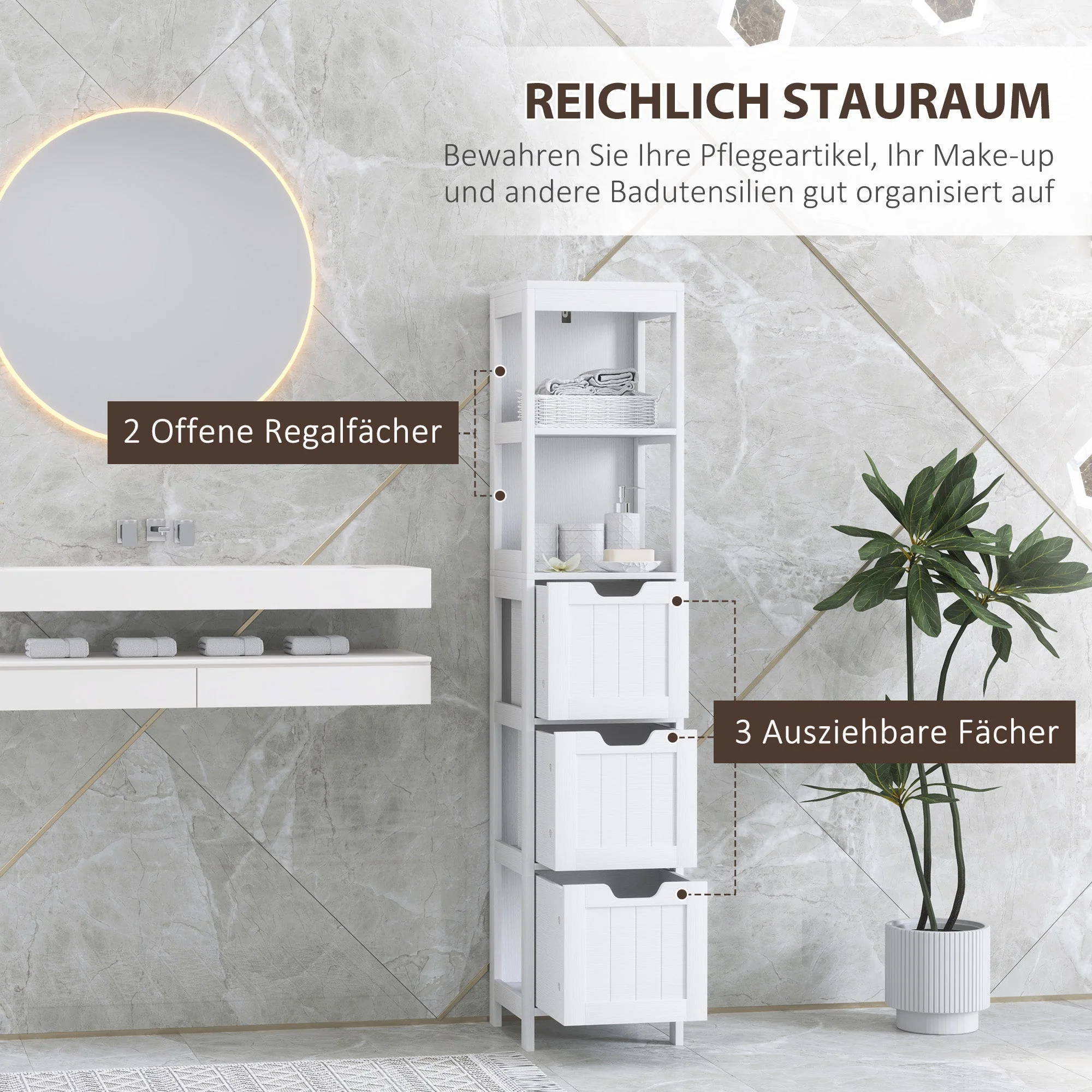kleankin Bathroom Cabinet, Tall with 3 Drawers, 2 Open Compartments, White - Image 4