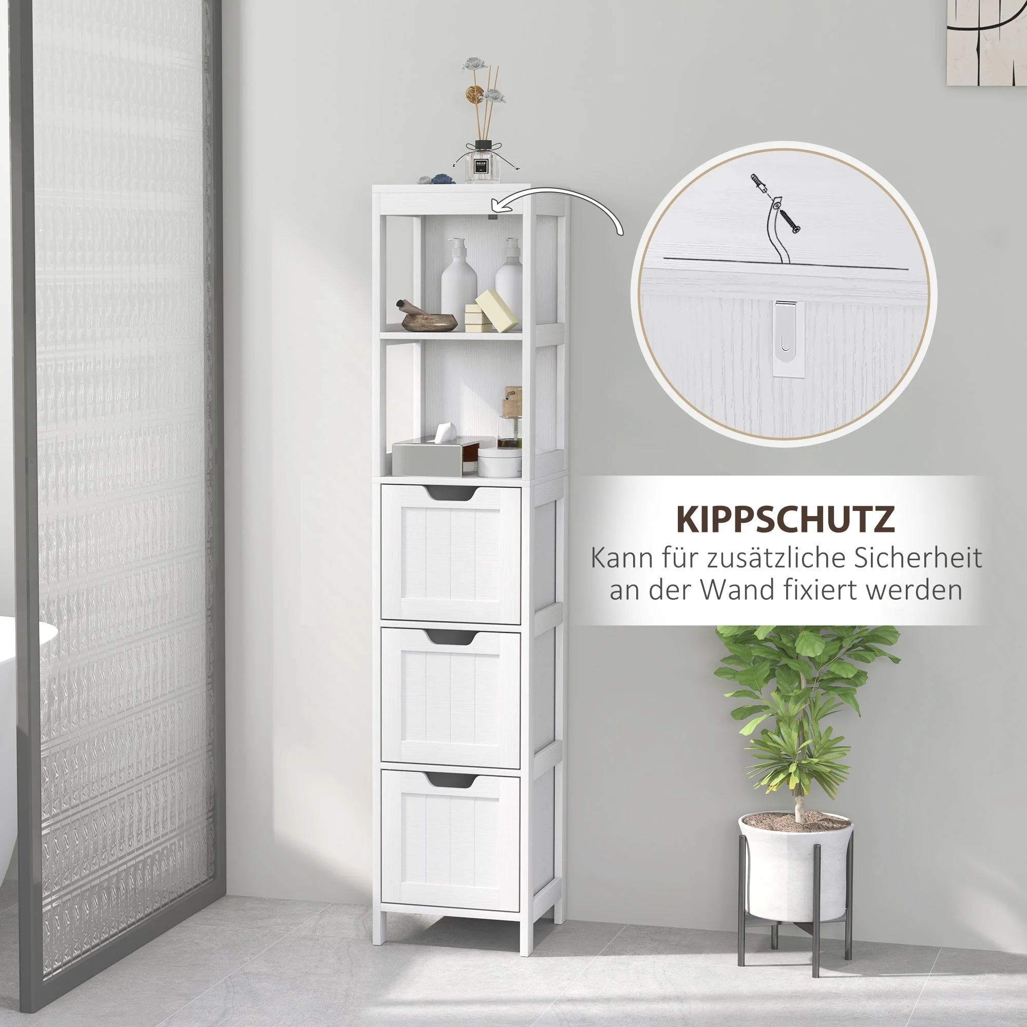 kleankin Bathroom Cabinet, Tall with 3 Drawers, 2 Open Compartments, White - Image 6