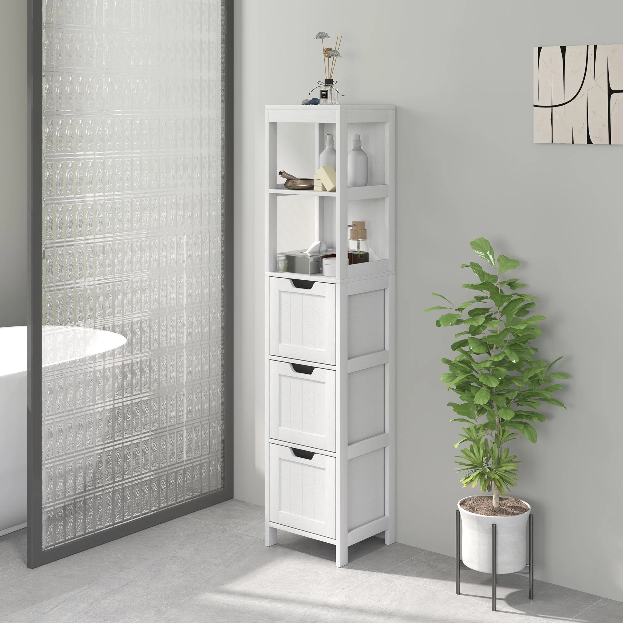 kleankin Bathroom Cabinet, Tall with 3 Drawers, 2 Open Compartments, White - Image 7