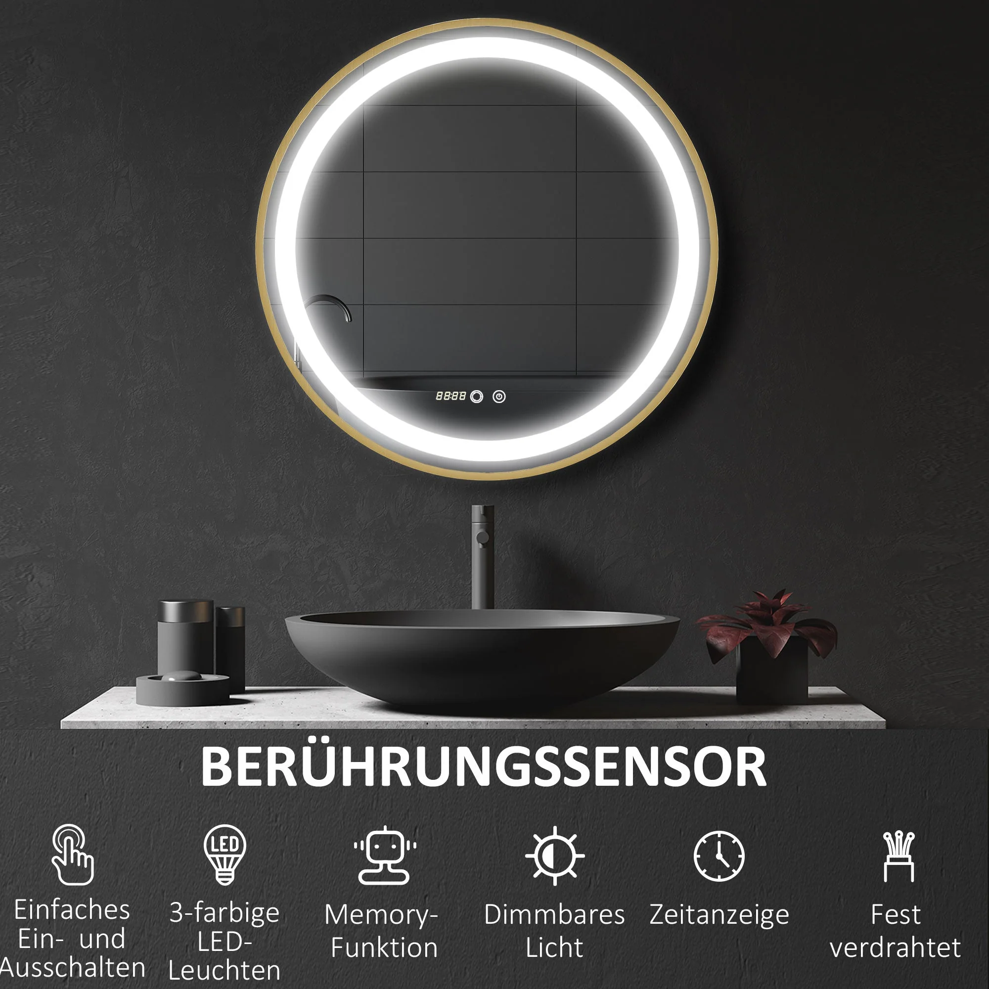 kleankin Dimmable Mirror with LED Light, 60x60cm, Aluminum Alloy - Image 4