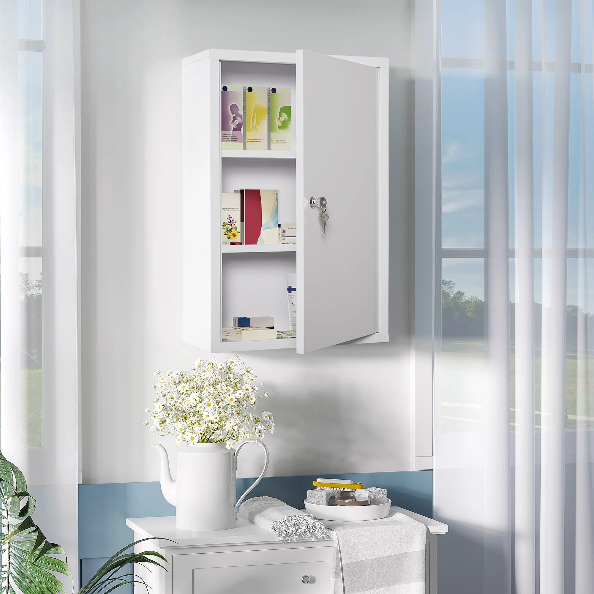 Kleankin first aid cabinet, medicine cabinet with 3 compartments, lockable, white steel