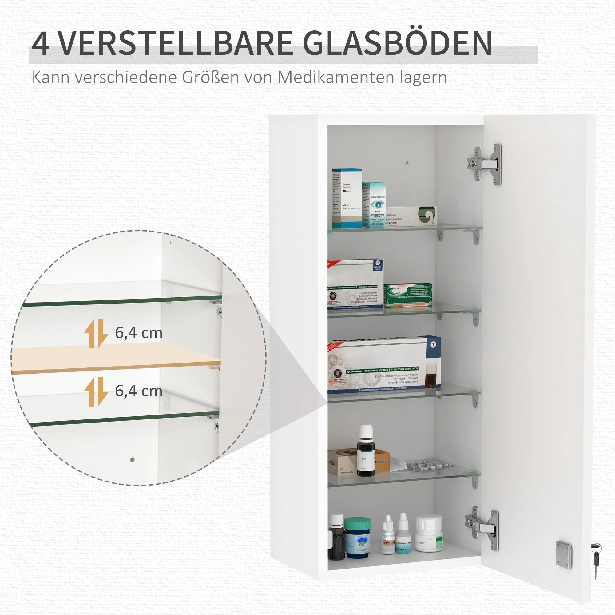 Kleankin Medicine Cabinet Wall Lockable Adjustable First Aid, Silver - Image 4