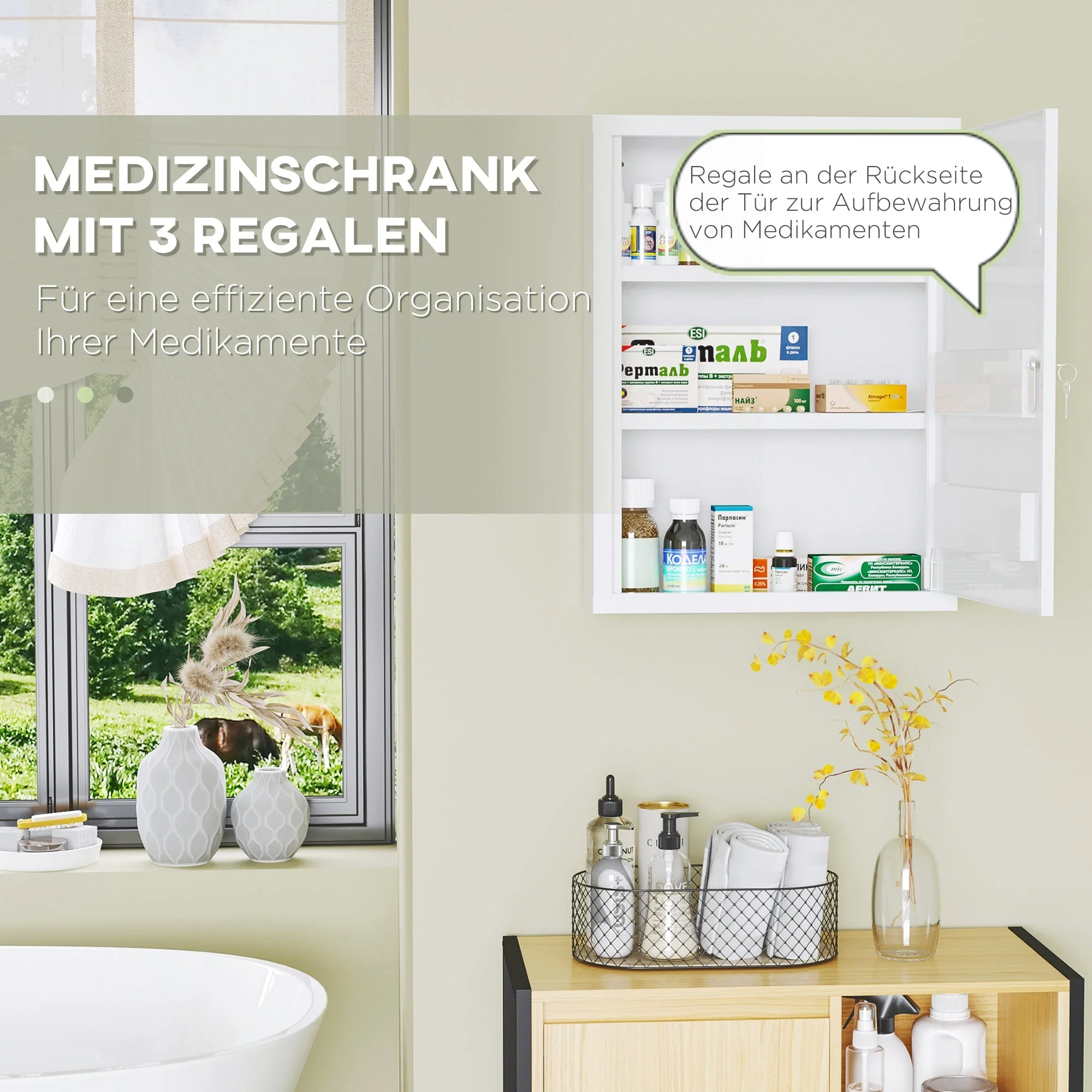 kleankin Medicine Cabinet Wall-Mounted Lockable Steel, White - Image 5